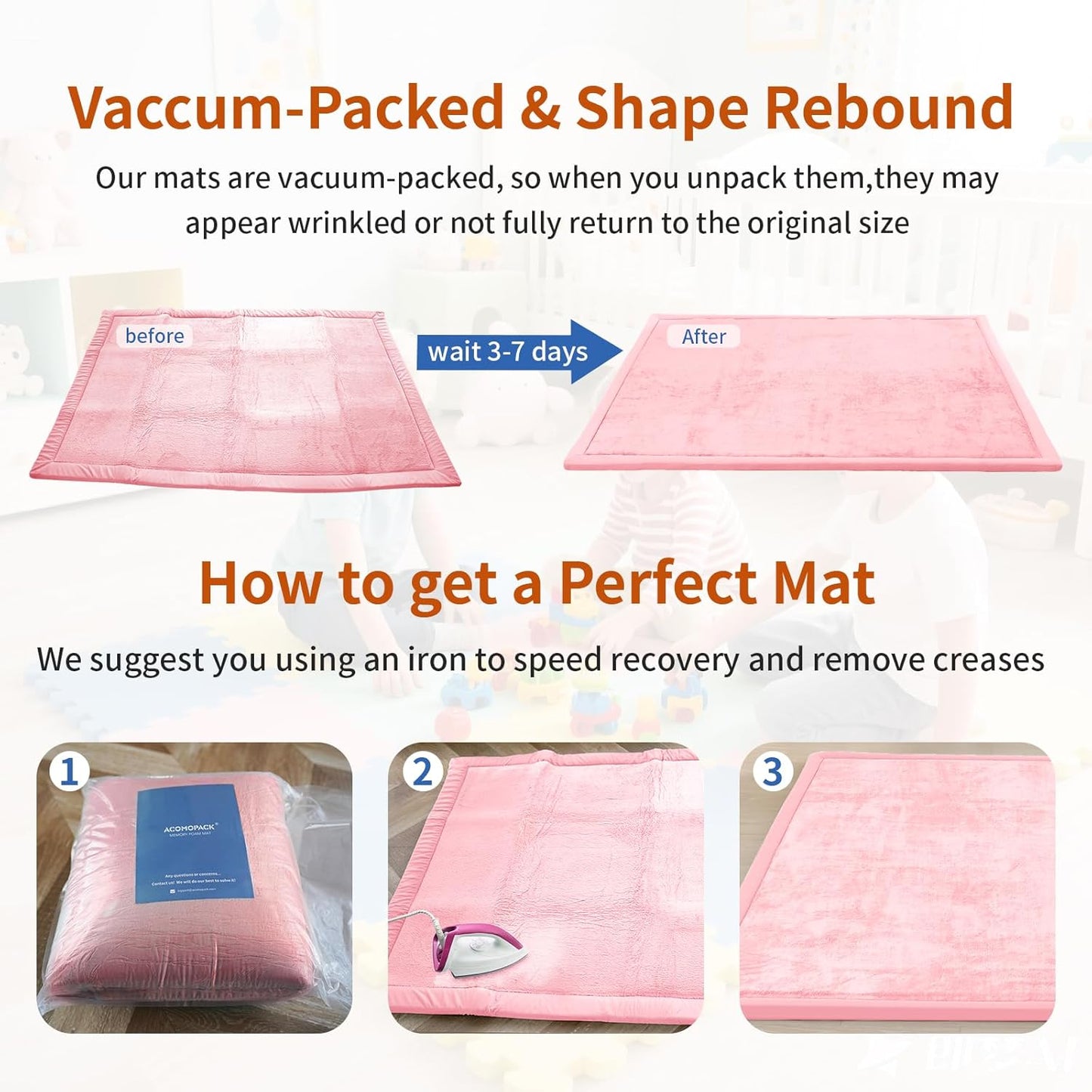 ACOMOPACK Baby Play Mat for Floor,1.3" Thick Memory Foam Area Rug for Living Room,Soft Velvet Crawling with Non-Slip Bottom for Kid,Toddler,71"×79" Tummy Time Nursery Rugs,Yoga（Pink）