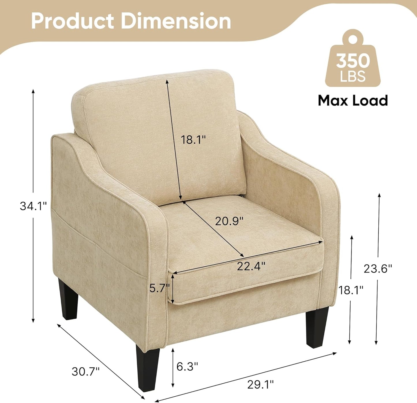 Accent Chairs Set of 2, Upholstered Living Room Chair with Side Pockets, Mid Century Modern Reading Chair for Bedroom, Comfy Armchair Single Sofa Side Chair for Office, Small Room, Light Brown