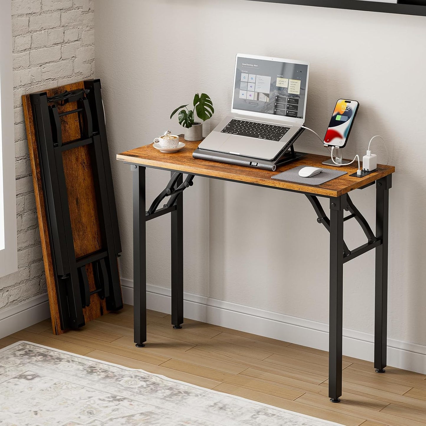 Frylr Small Folding Computer Desk – 35.8 Inch Portable Table for Craft and Study, Lightweight Desk for Small Spaces, Foldable Laptop Table Built-in AC/USB Outlets for Convenience, Rustic Brown