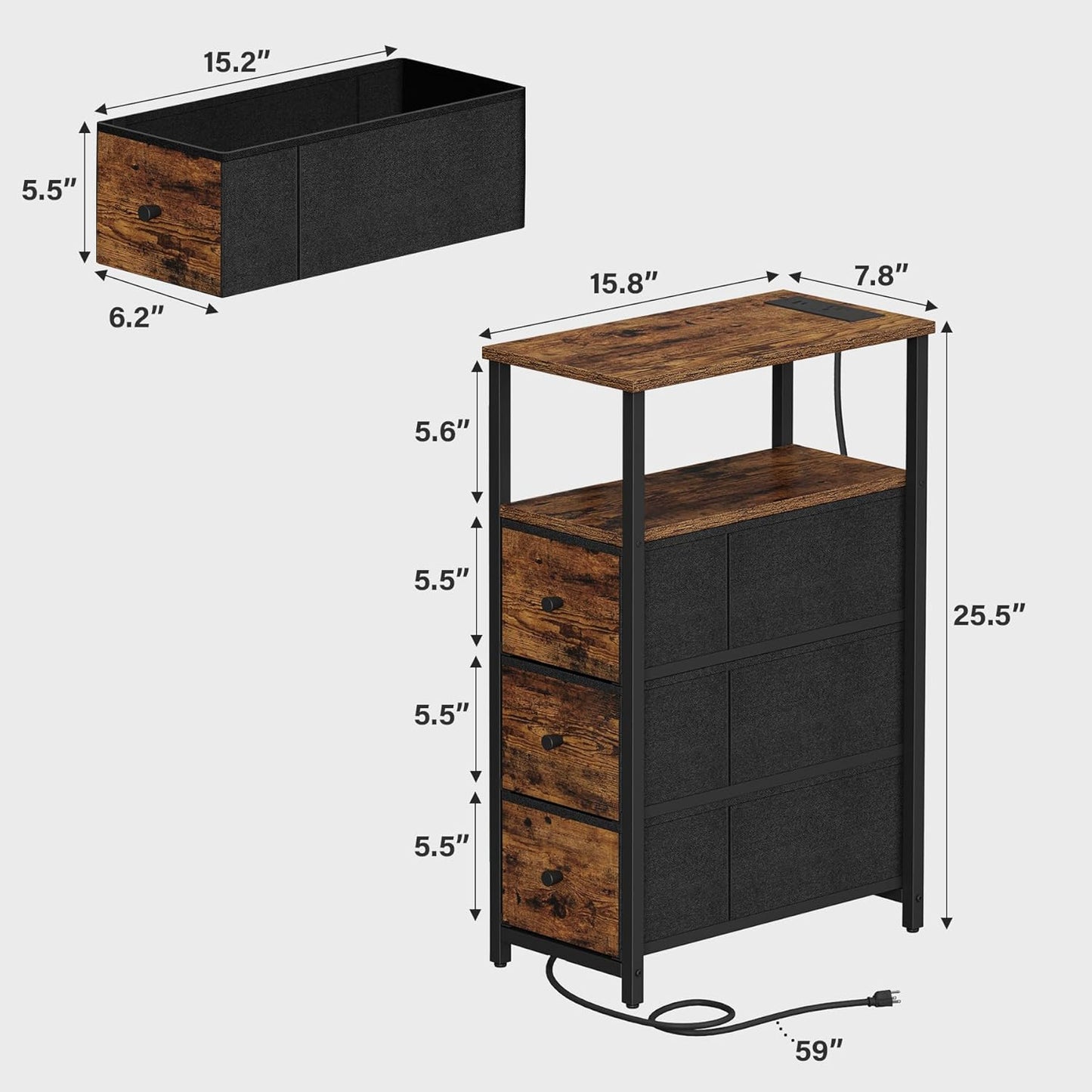 TUTOTAK Narrow Night Stand with Charging Station, Slim End Table with Plugins, Tall Side Table with 3 Fabric Drawer, Small Bedside Table with Storage, Living Room, Bedroom, Brown TB01BB086