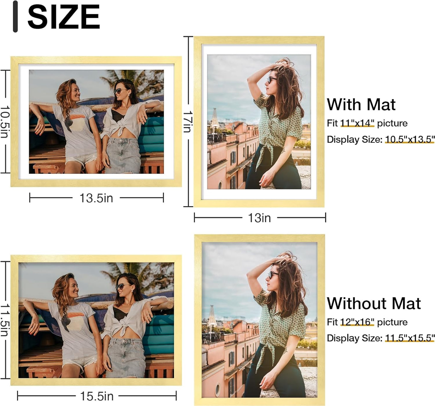 Vittanly 12x16 Picture Frames Set of 9, Shatter Resistant Plexiglass, Display 11x14 Pictures with Mat or 12x16 without Mat, Photo Frames for Wall Mount, Engineered Wood, Gold