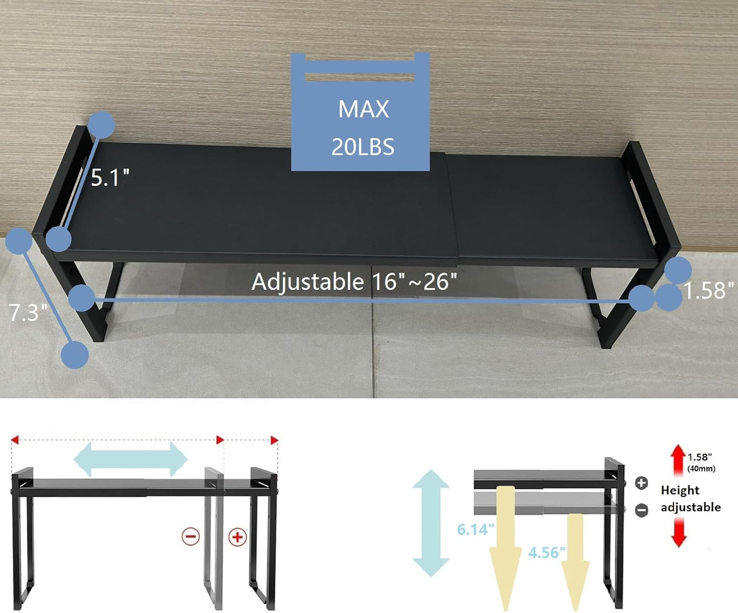 Expandable Cabinet Shelf Organizer 16-26" L Stackable Kitchen Counter Shelf Rack Stand Sink Riser Countertop Storage Black (Narrow 5.1”D)