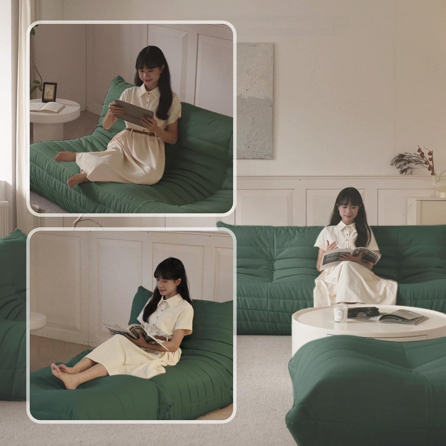 Luxury Sofa Couch Chair, Lazy Floor Seating, Fireside Bean Bag Chair, Ergonomic Tatami Sofa Lounger for Living Room, Bedroom, Office, 3 Seat, Green