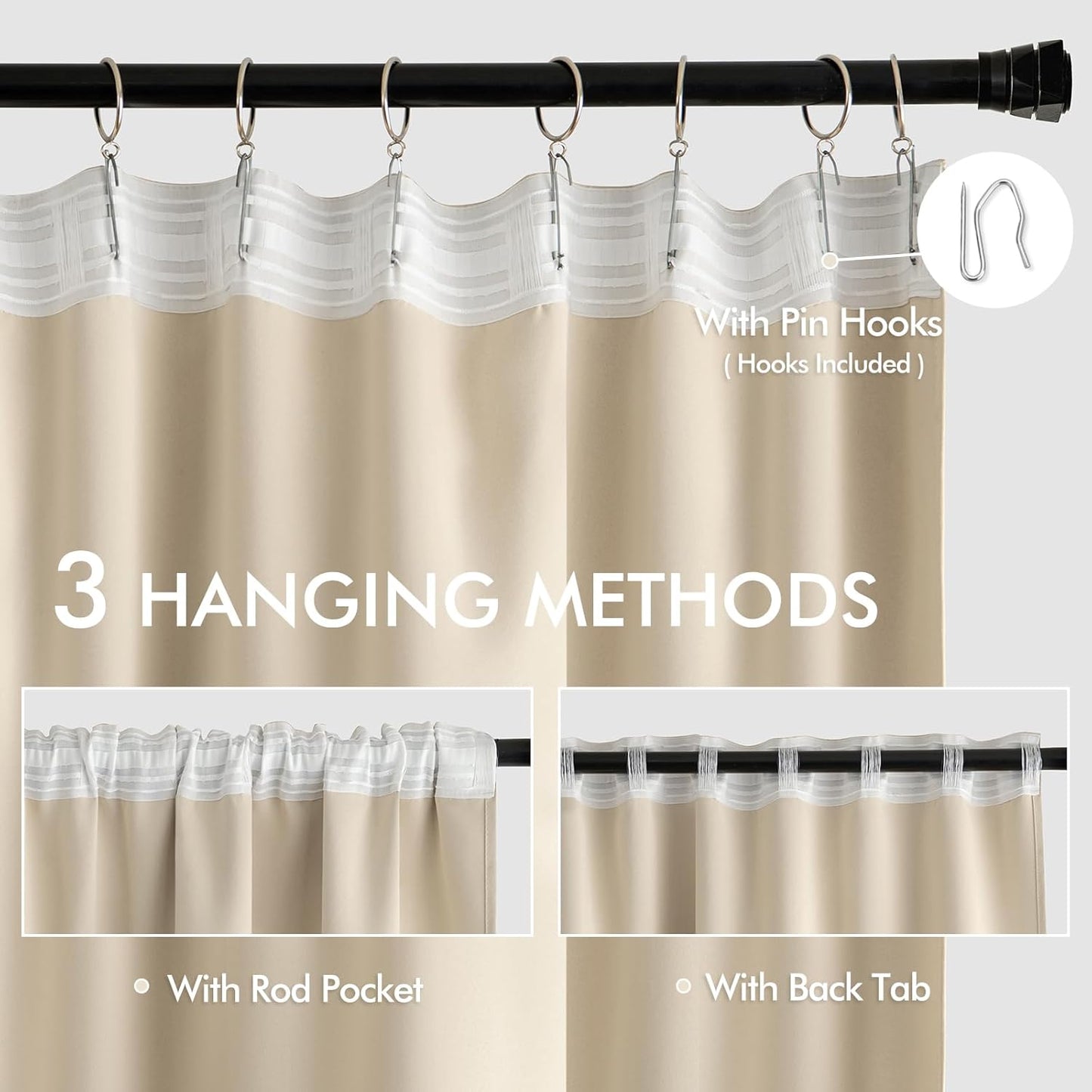 MIULEE Cream Beige Back Tab Light Blocking Curtains 54 Inches Long 2 Panels Set for Living Room Bedroom Privacy, Rod Pocket/Pinch Pleat Thermal Insulated Room Darkening Pleated Blackout Drapes