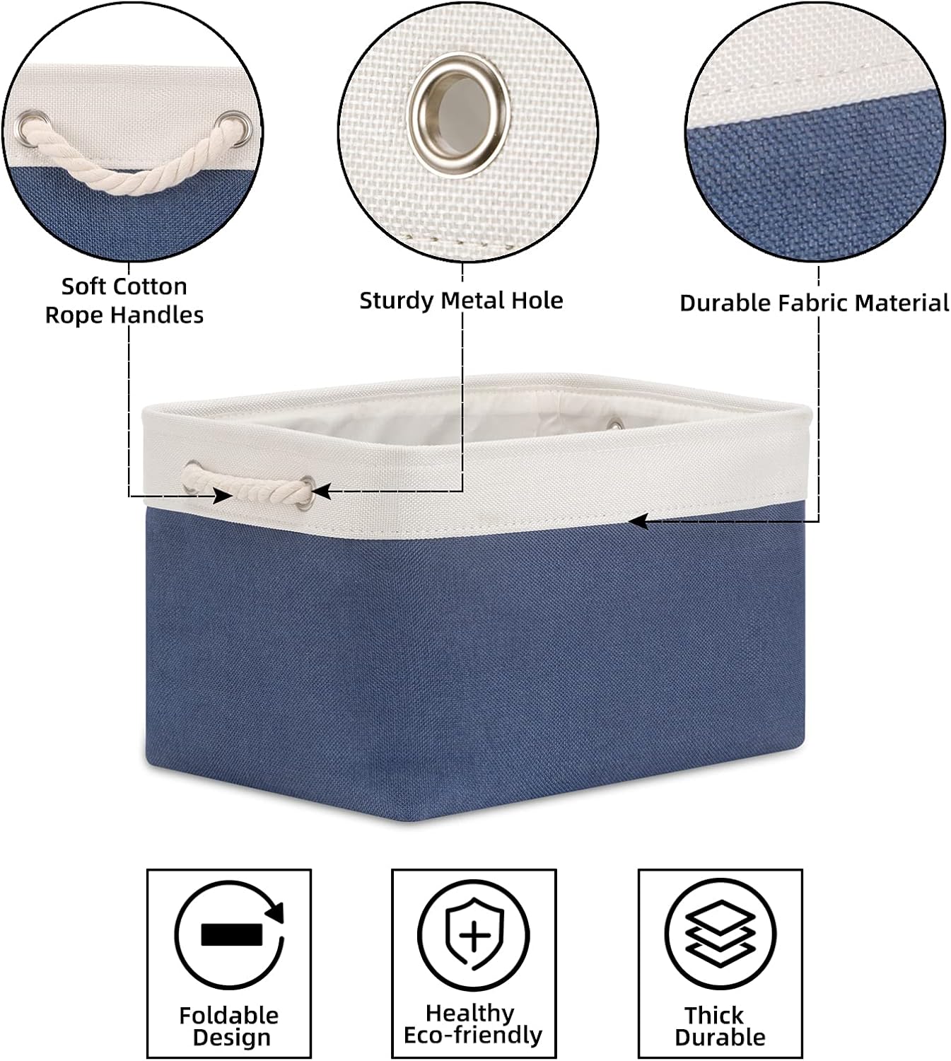 Bidtakay Storage Baskets Collapsible [3-Pack] Decorative Storage Bins with Cotton Rope Handles 15 X 11 X 9.5 Inch Organizing Baskets for Shelves Clothes Closet Navy Blue Baskets for Gifts Empty