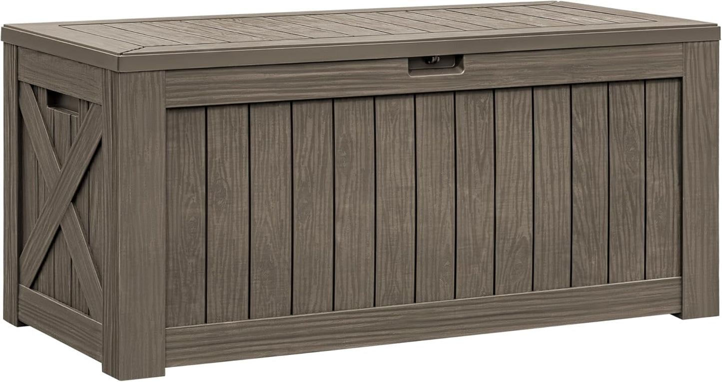 Flamaker Resin Deck Box 120 Gallon Waterproof Large Outdoor Indoor Storage Box Imitation Wood Resin for Patio Furniture Garden Tools and Pool (Brown)