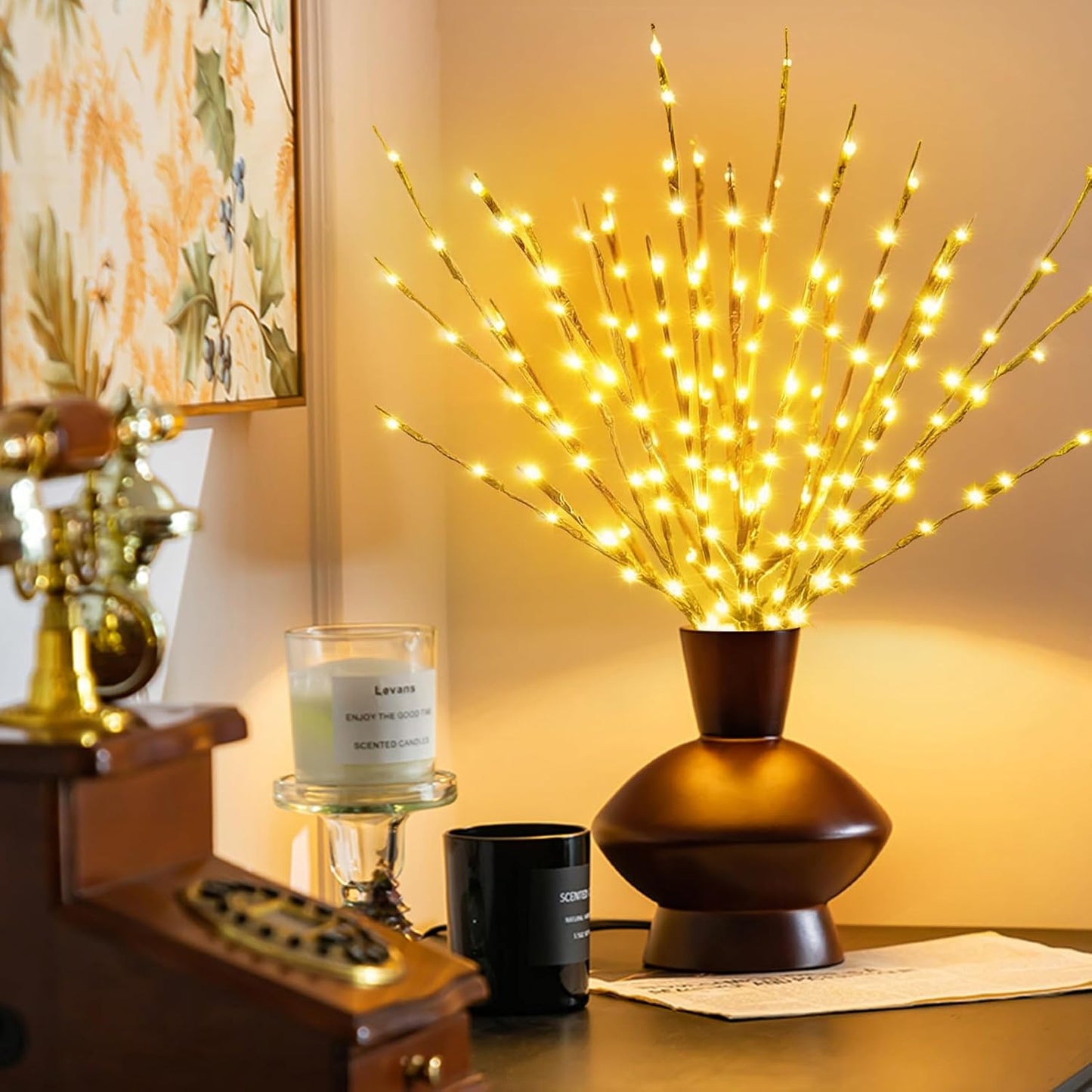 DK177 4 Pack Led Branch Light Battery Operated Lighted Branch Vase Filler Willow Tree Artificial Little Twig Power Golden 30 Inch 20 LED for Home Romantic Decoration (Gold-Warm White)