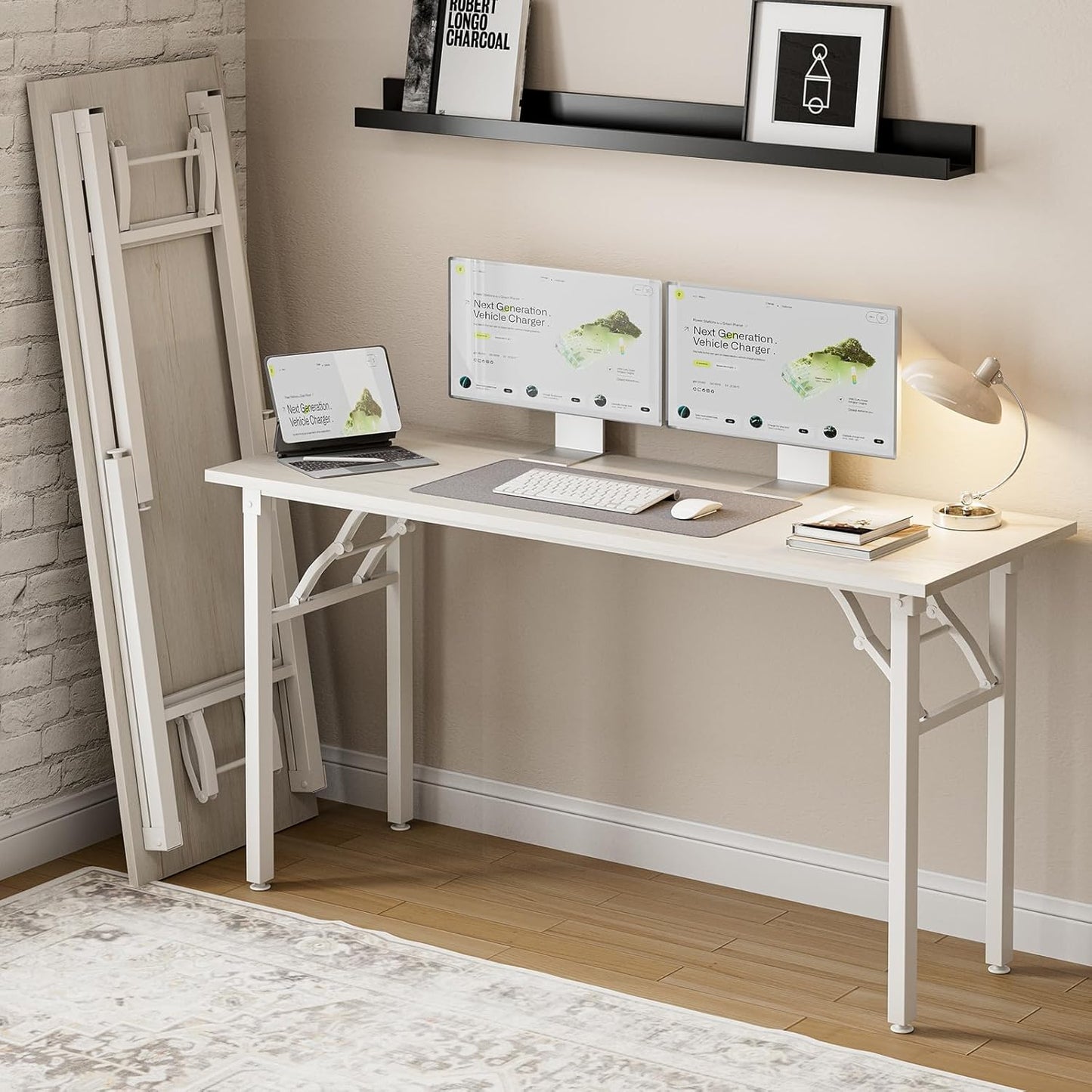 Frylr Small Folding Computer Desk – Portable 55.1 Inch Foldable Laptop Table, Collapsible and Compact for Easy and Fast Setup, Lightweight for Small Spaces, Home Craft and Study Use, White Ash