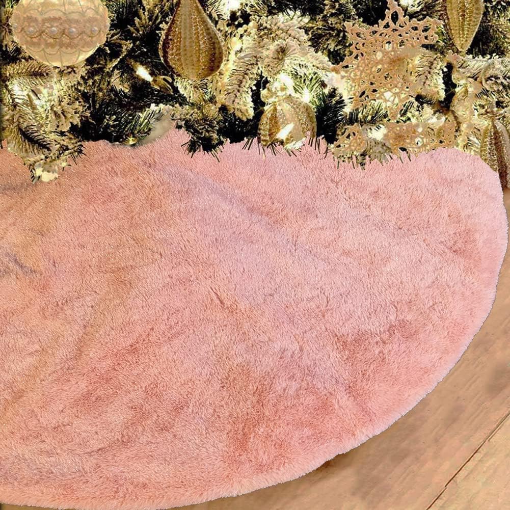 AOGU 48 Inch Faux Fur Christmas Tree Skirt Pink Shiny Plush Skirt for Merry Christmas Party Christmas Tree Decoration
