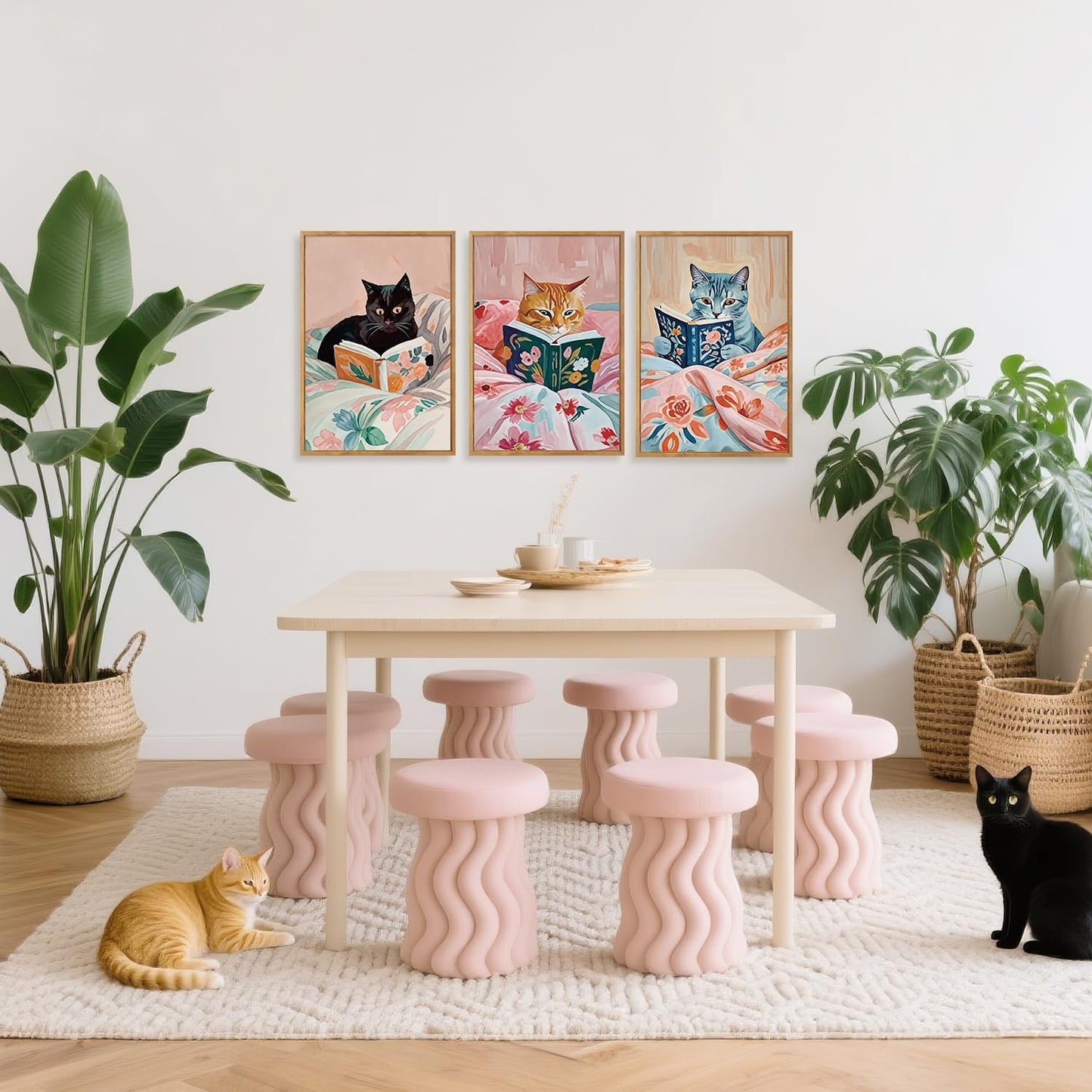 HPNIUB Framed Vintage Black Cats Canvas Wall Art, Funny Animal Reading Books Poster Printing Pictures, Pink Cute Cat Lovers Wall Decor for Girls Room Bedroom Kids Room Living Room Classroom- 16 x24 x3