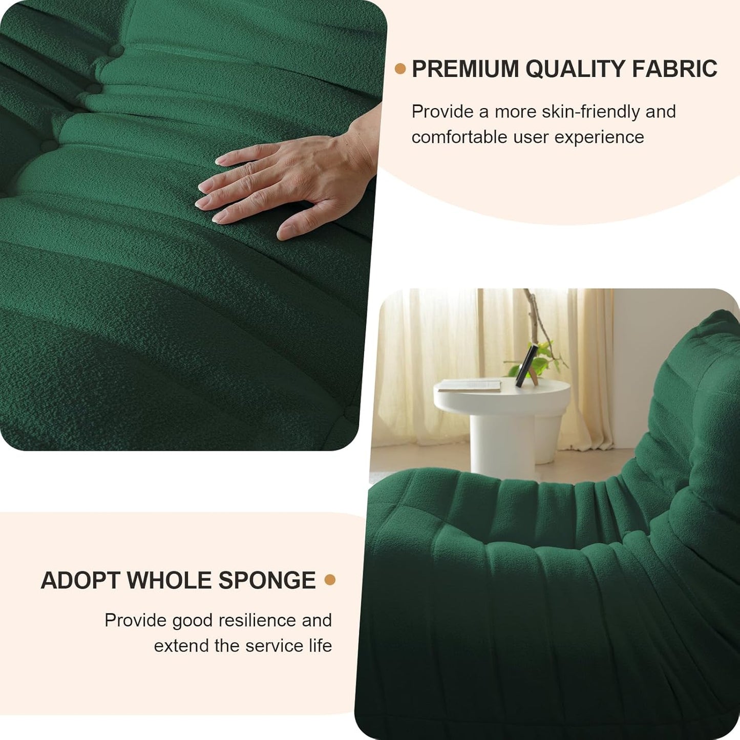 Luxury Sofa Couch Chair, Lazy Floor Seating, Fireside Bean Bag Chair, Ergonomic Tatami Sofa Lounger for Living Room, Bedroom, Office, Loveseat, Green