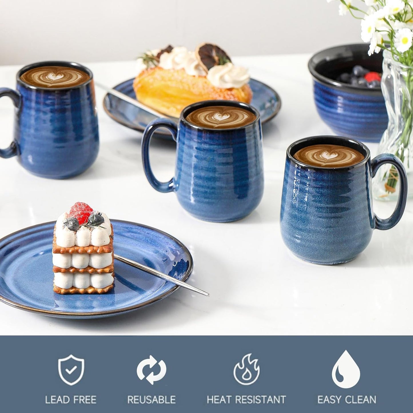 Hasense Coffee Mugs Set of 6, 12 Ounce Coffee Cups Set with Handle, Ceramic Tea Mugs for Kitchen, Blue Latte Mugs for Coffee,Cocoa, Tea, Stylish Mug Gift, Dishwasher and Microwave Safe