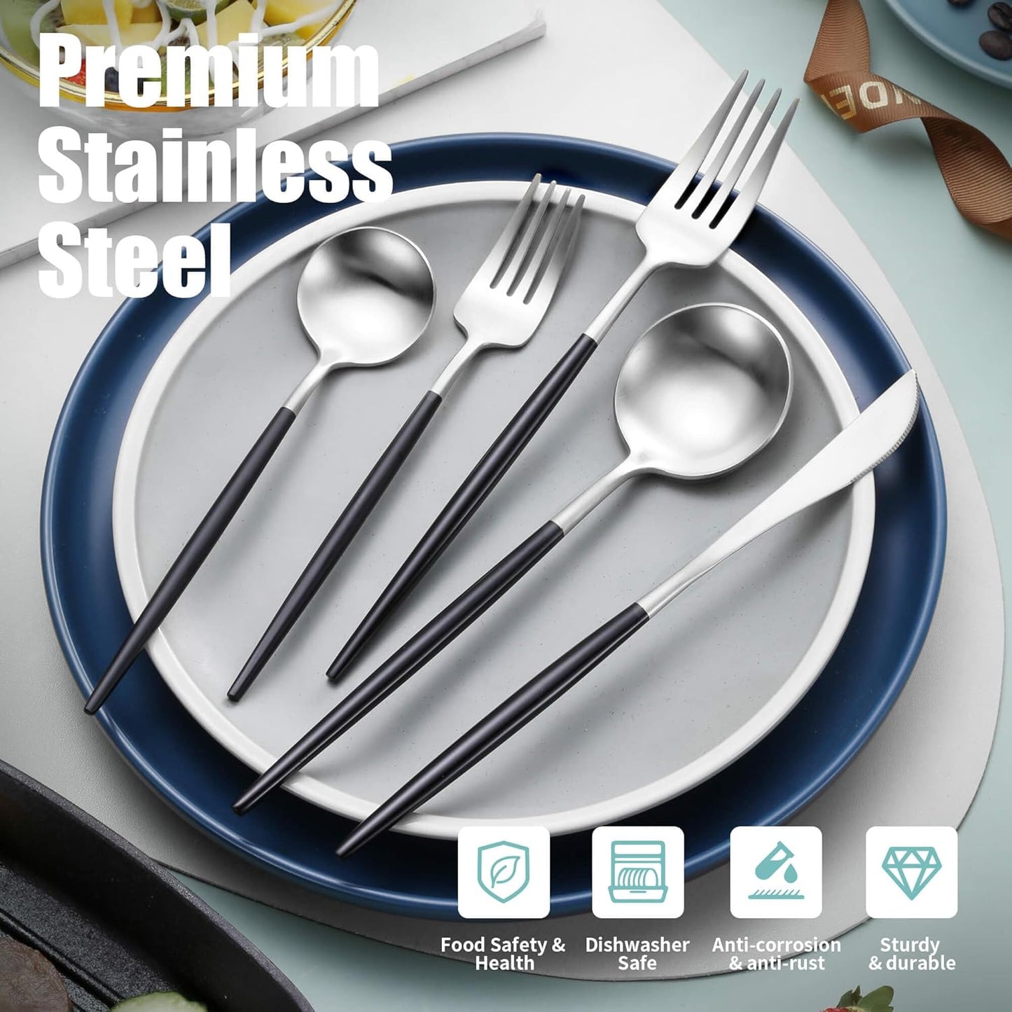 Matte Black Silver Silverware Set for 4,Modern Stainless Steel Brushed Cutlery Set,20-Pieces Heavy Duty Flatware Set,Knives Spoons and Forks Set Utensils Set, Satin Finish, Dishwasher Safe