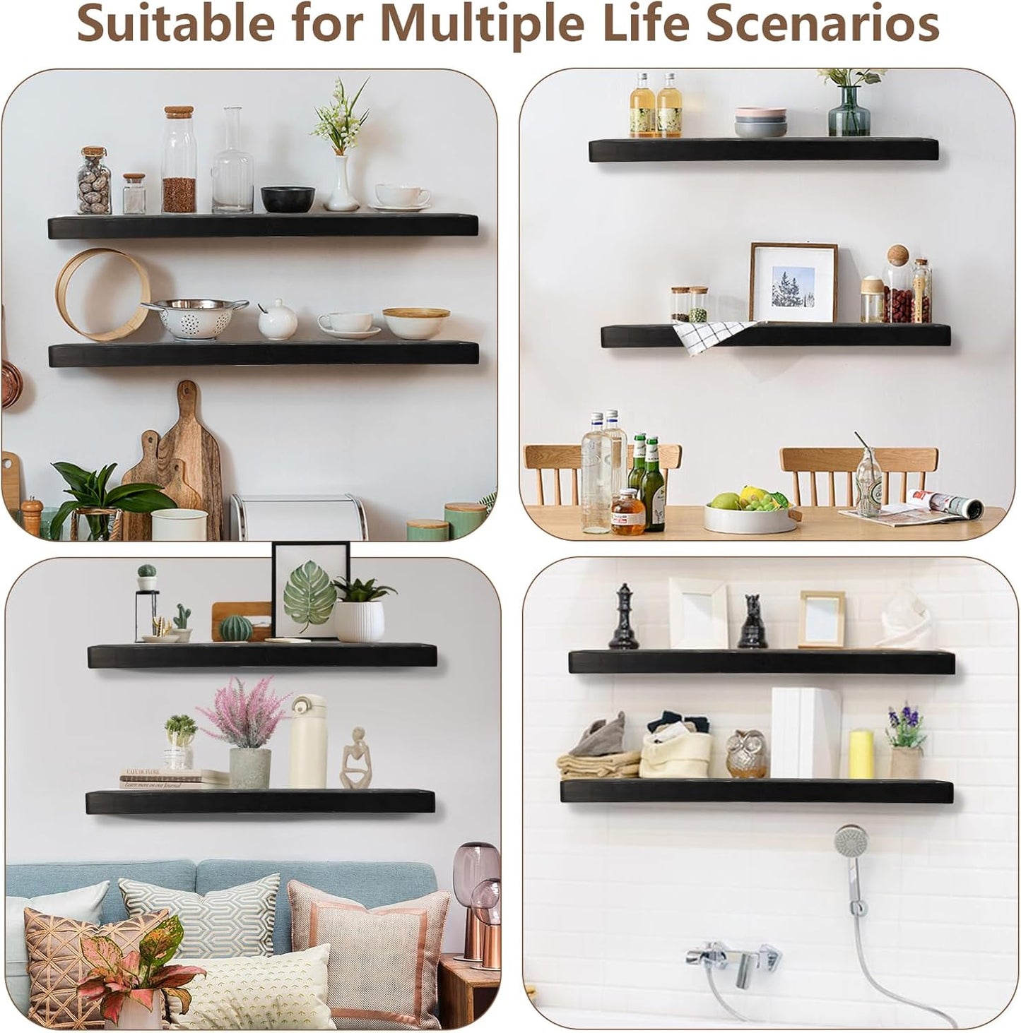Solid Wood Floating Shelves Set of 2 - Natural, Warp & Crack Resistant 17.72 Inch Wall Shelf with Invisible Brackets Thicker, More Durable for Bathroom, Bedroom, Kitchen, Living Room (Black, 17.72)