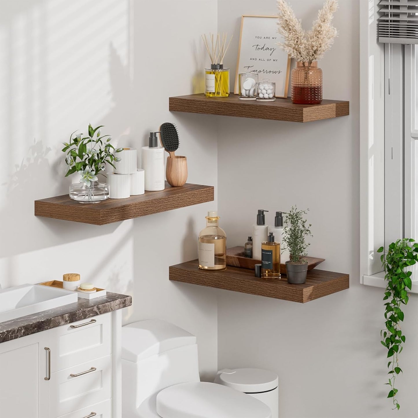 Heimlove 12" Deep Walnut Floating Shelves for Wall, 24 Inch Wall Shelf Bathroom Shelves Set of 2, Wall Mounted Shelves for Books Living Room Laundry Room Bedroom Kitchen Home Office