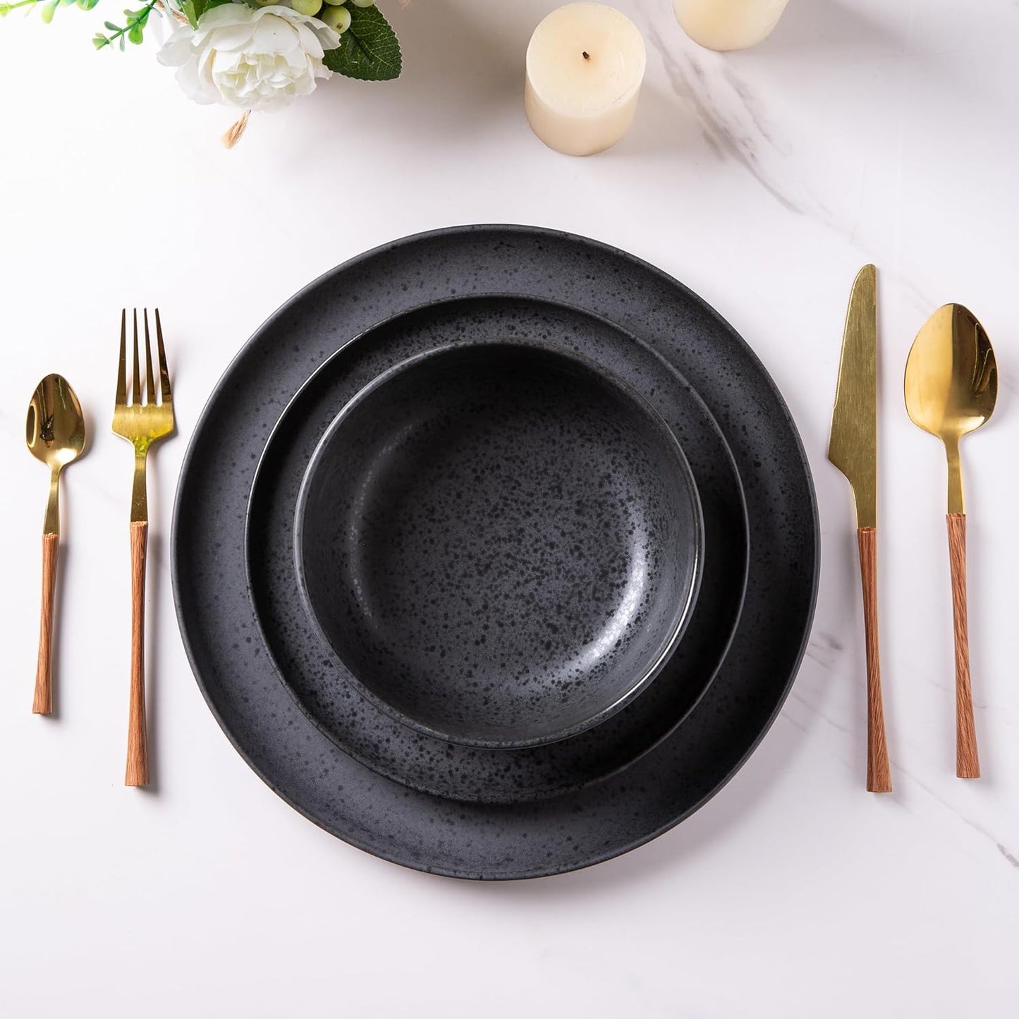 AmorArc Dinnerware Sets for 8, Wavy Rim Plates and Bowls Sets, Highly Chip and Crack Resistant | Dishwasher & Microwave & Oven Safe Dishes set, Service for 8 (24pc)