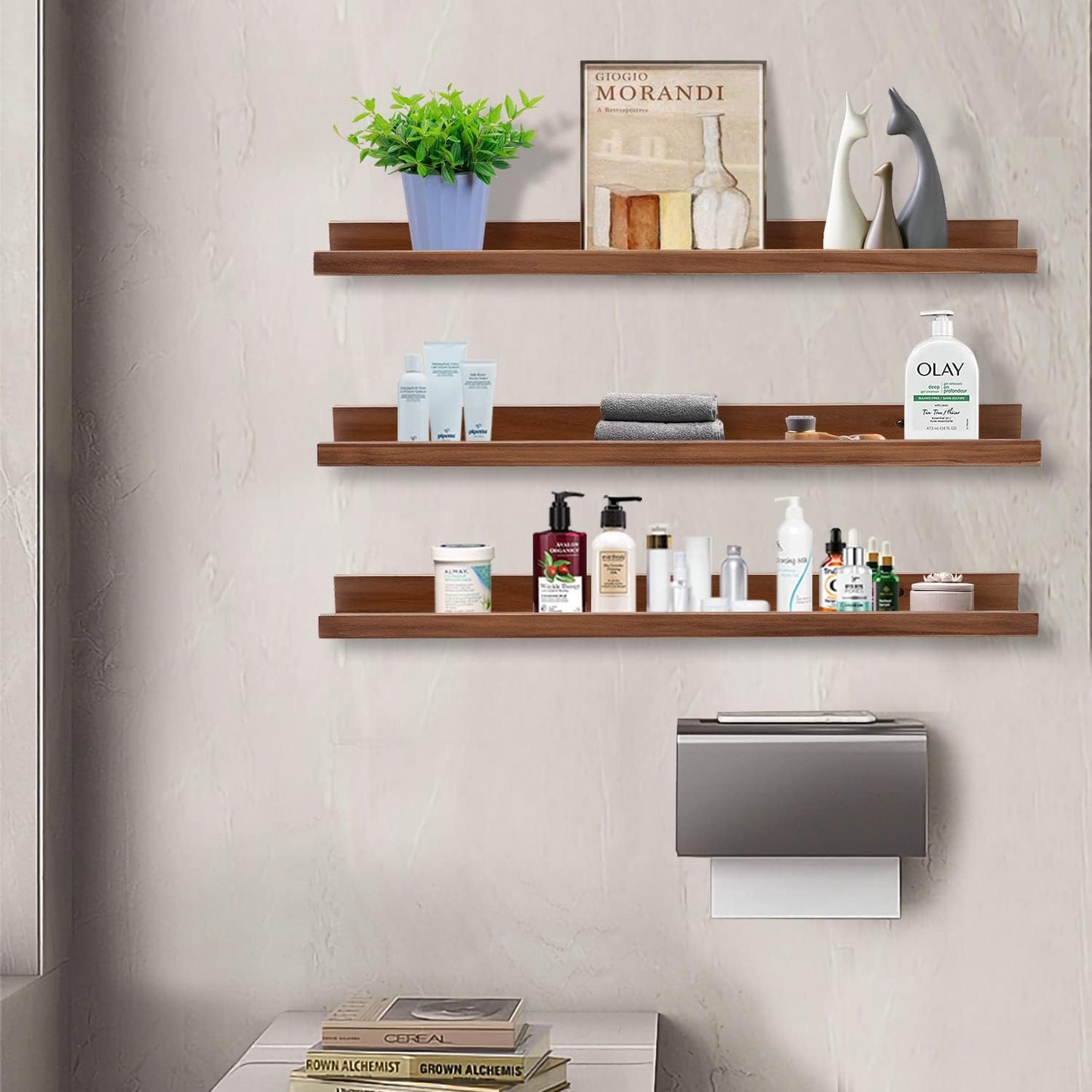 AZSKY 36 Inch Floating Book Shelves Rustic Wood Wall Picture Ledge Shelf for Storage Light Walnut Wall Mounted Picture Photo Display Shelf a Set of 3 Hanging Book Shelf