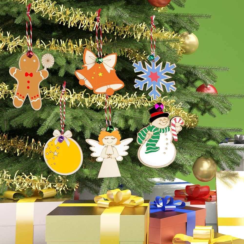 48PCS Christmas Crafts for Kids, Wooden Christmas Ornaments Unfinished Wood Slices with 6 Styles, DIY Christmas Ornaments Kits for Christmas Tree Holiday Hanging Decorations