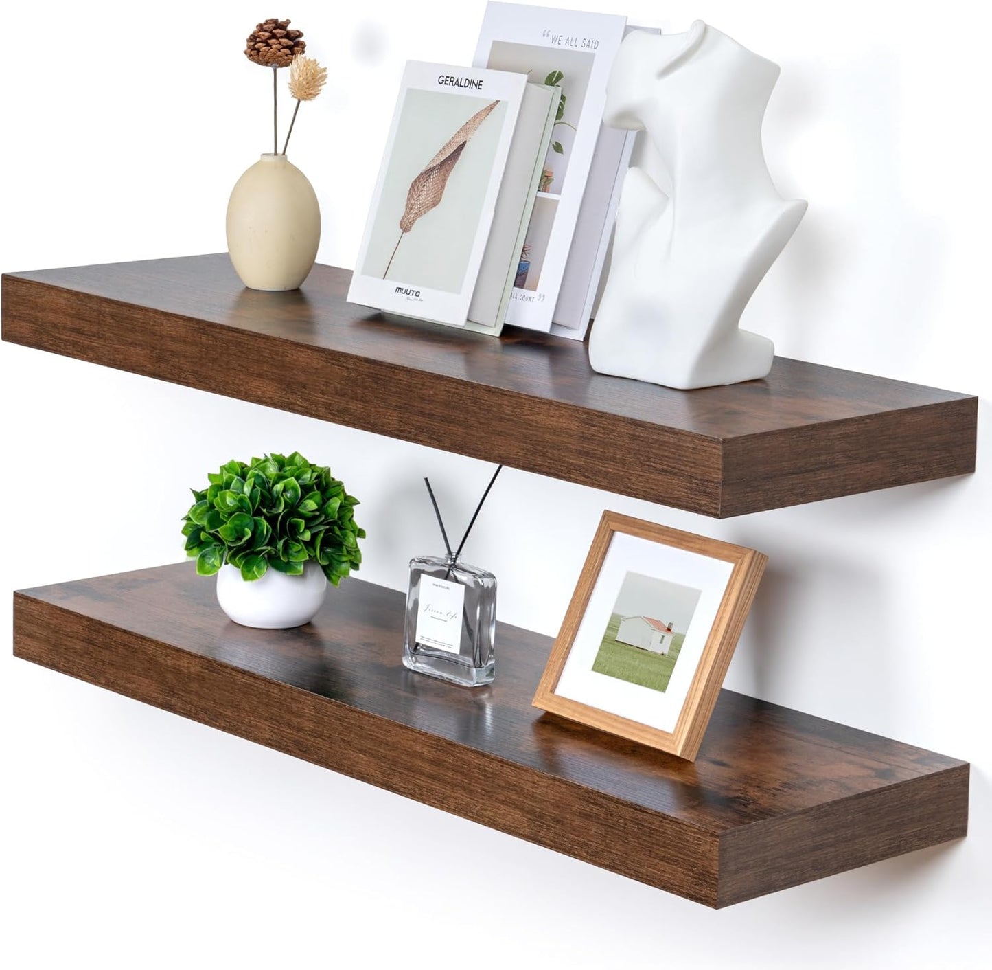 Deep Floating Shelves, 12 Inch Deep Rustic Floating Shelves for Wall Set of 2, 36W x 12D Large Wood Shelves for Living Room Bathroom Laundry Room Bedroom Kitchen Home Office - Rustic Brown