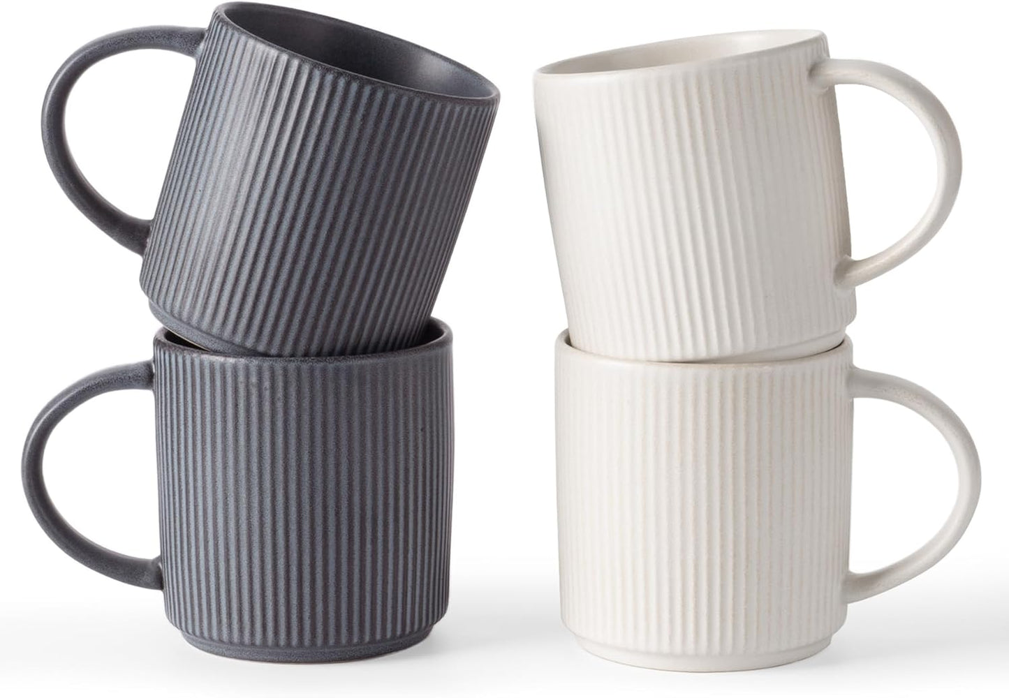 famiware Coffee Mug Set for 4, Star 12 oz Catering Mugs Cup Set with Handle for Coffee, Tea, Cocoa, Milk - Ceramic Stoneware Drinkware Set, Matte White + Matte Black