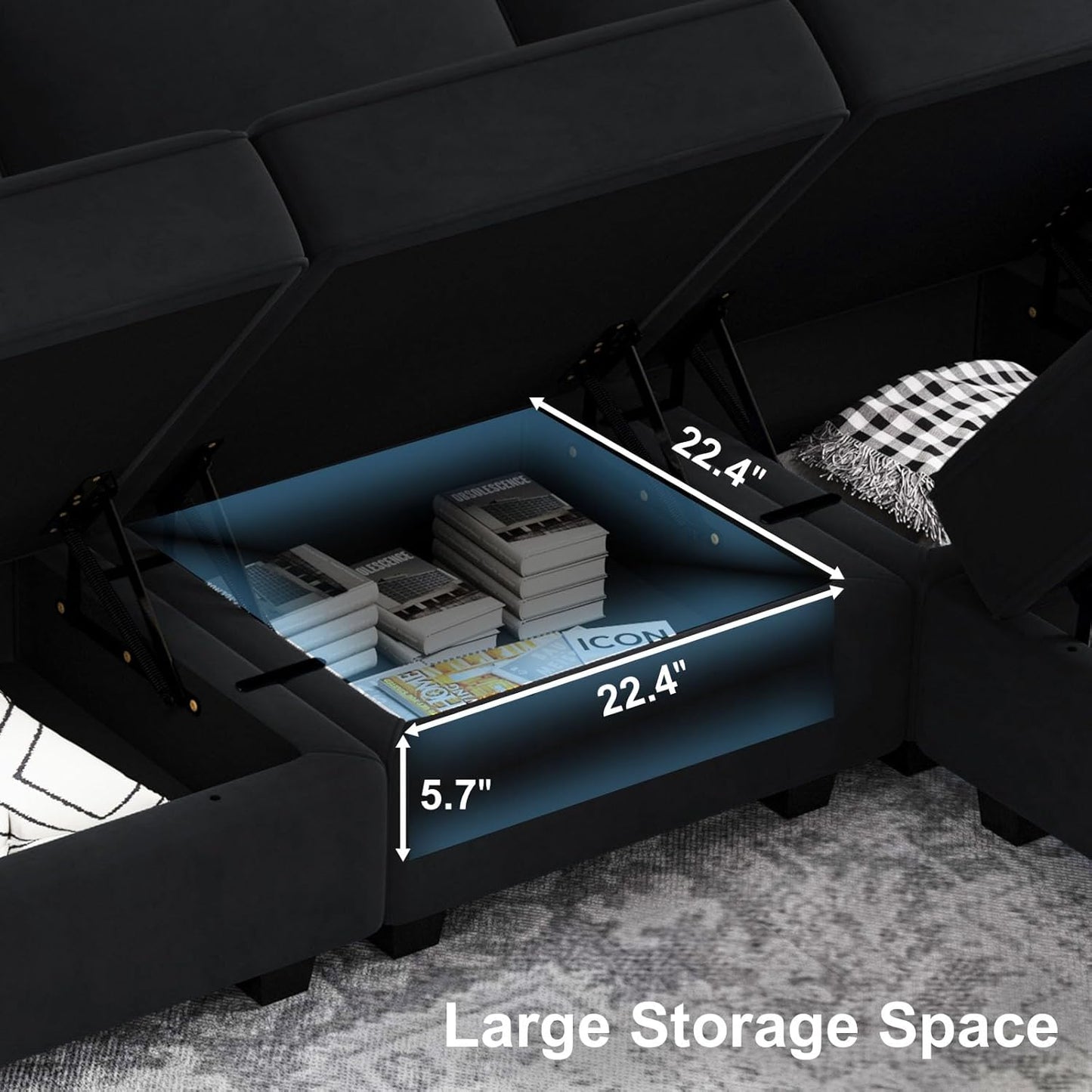 Belffin Modular Sectional Sofa with Storage Seats Velvet L Shaped Corner Couch Convertible Sectional Sofa with Chaise Black