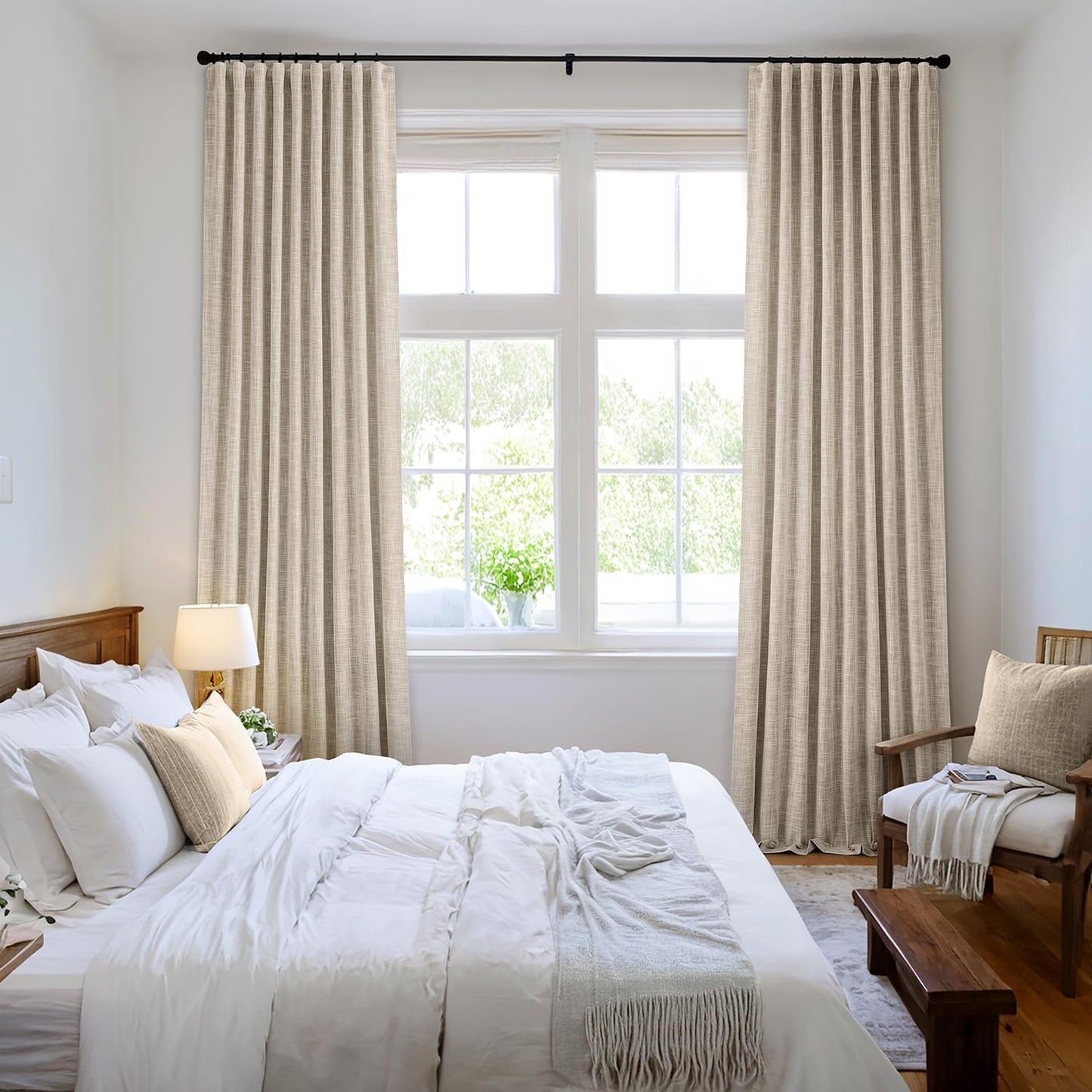 MIULEE Beige 100% Blackout Linen Curtains 96 Inch 2 Panels Set Double Sided No Coating Pinch Pleated Back Tab Floor to Ceiling Black Out Thermal Insulated Bedroom Living Room Darkening Window Drapes