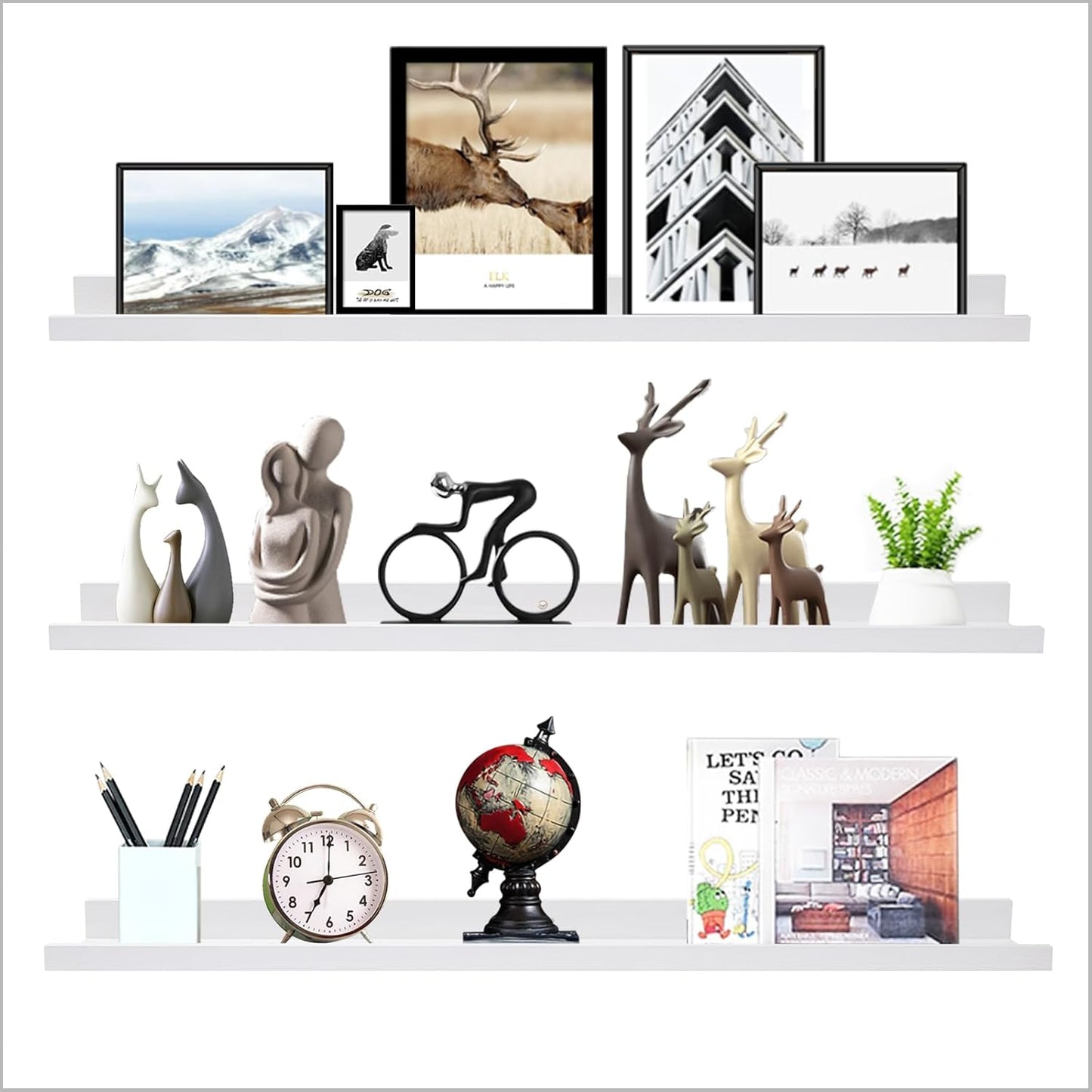 AZSKY 36 Inch Floating Shelves with Ledge White Natural Wood Picture Ledge Shelf 3 Pack Floating Shelf Picture Frame Holder for Bedroom Bathroom Living Room Kitchen Same Sizes