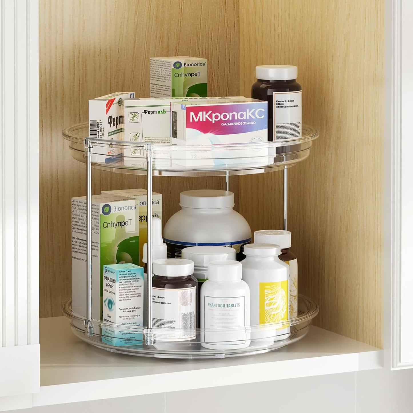 2 Pack 2 Tier Lazy Susan Organizer, 9.25'' Lazy Susan Turntable for Cabinet, Stackable Turntable Organizer Rotating Spice Rack Organization for Kitchen Countertop, Pantry, Bathroom, Clear
