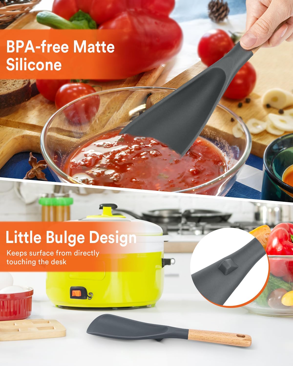Cooking Spoon and Scraper for Nonstick Cookwares, Great for Cooking and Serving Durable BPA-Free Matte Silicone, Wood Handle Multifunction Spoon for Mixing, Scoop, and Scrape (GREY)