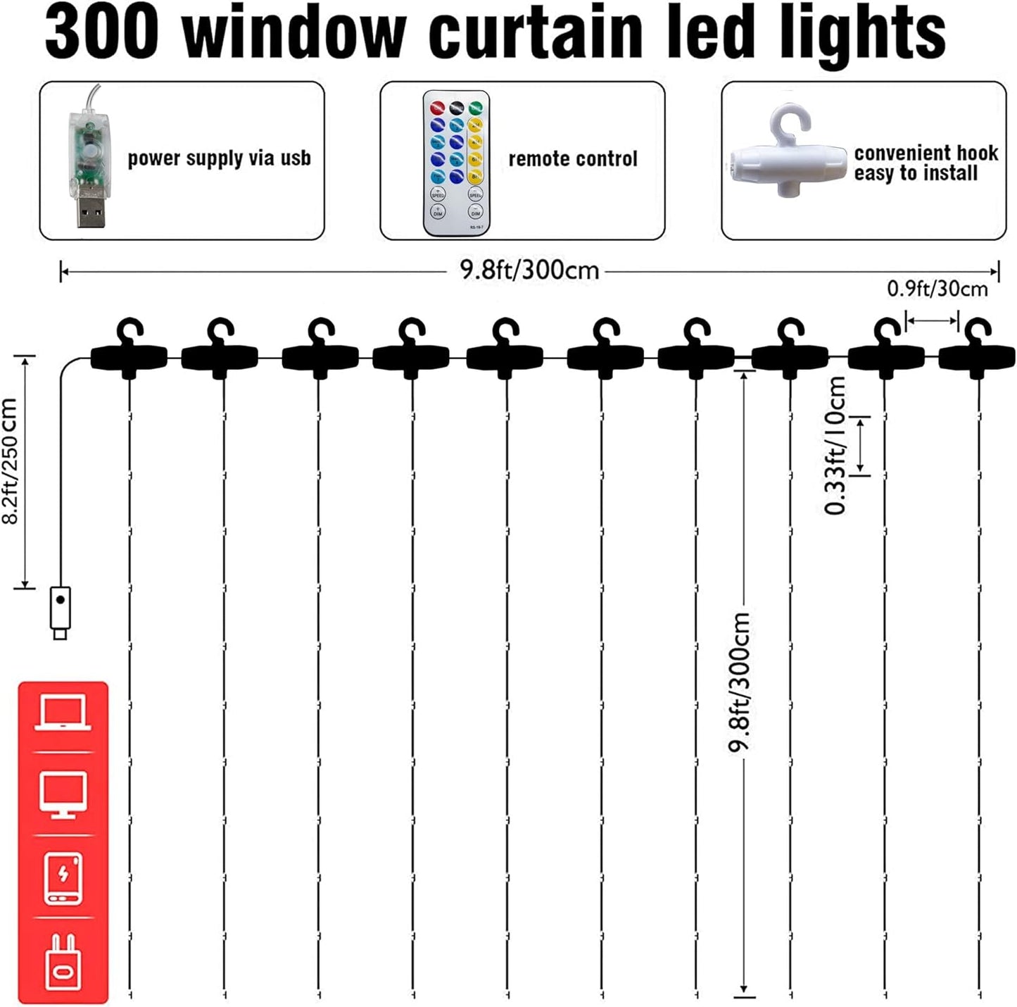 Dazzle Bright Curtain String Lights, 300 LED 9.8ft x 9.8ft 8 Lighting Modes Fairy Lights USB Powered, Waterproof Lights for Christmas Party Wedding Outdoor Indoor Wall Decorations (White)