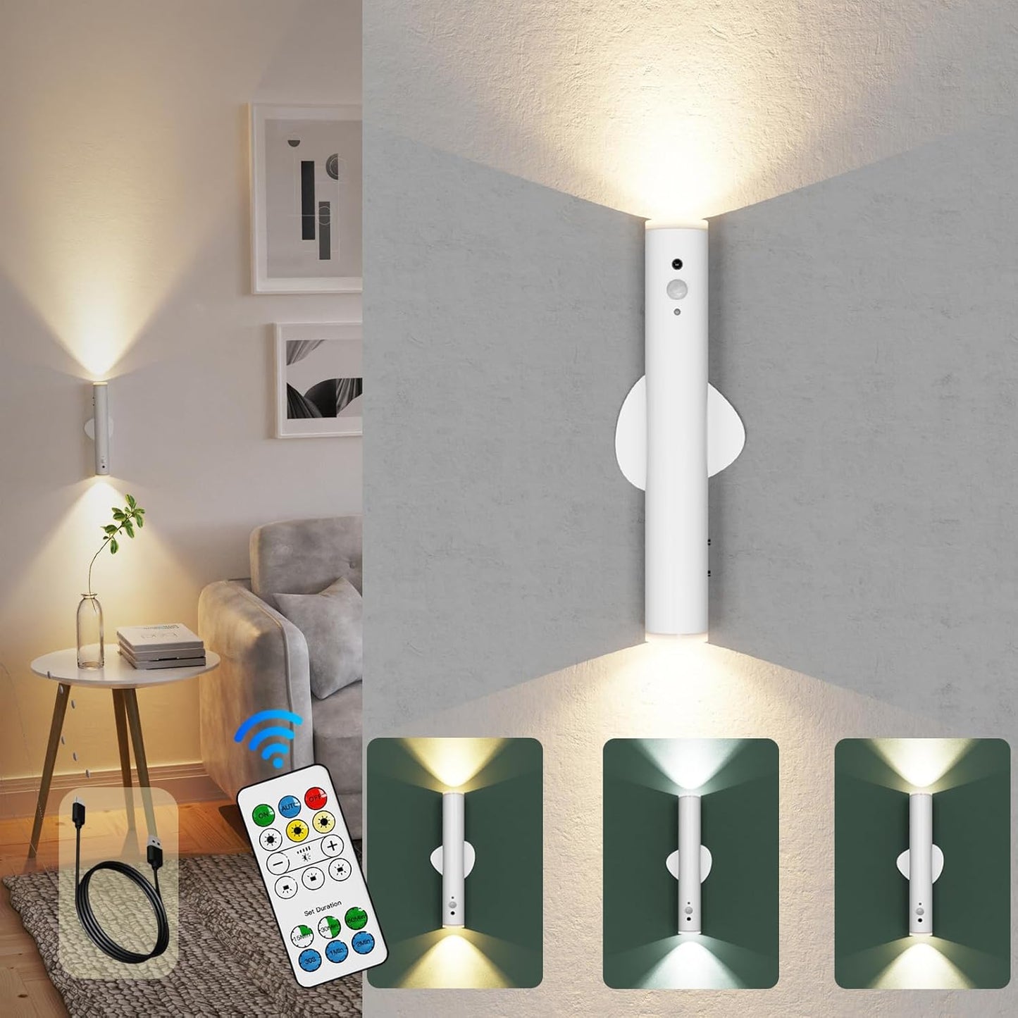 Battery Operated Wall Sconce Set of Two, Rechargeable Wall Lights with Motion Sensor, Remote Control, Dimmable Metal Magnetic Wall Lamp for Decor, Bedroom, Night Light (White, 2 Pcs)