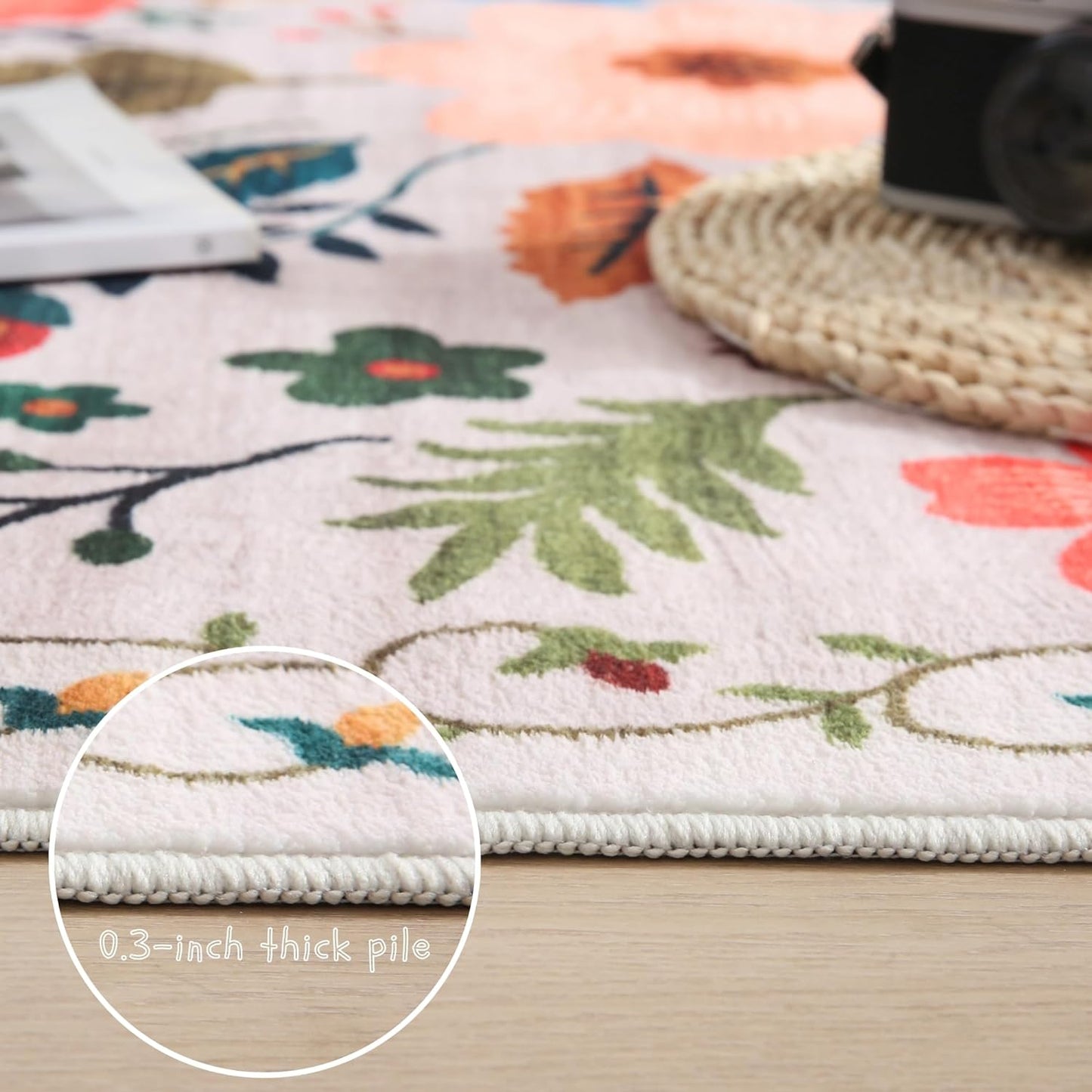 Round Rug 4ft Washable Circle Rug Non Slip Low Pile Boho Floral Small Circular Rug for Bedroom, Bathroom, Entryway, Kids Room, Office, College Dorm(Beige)