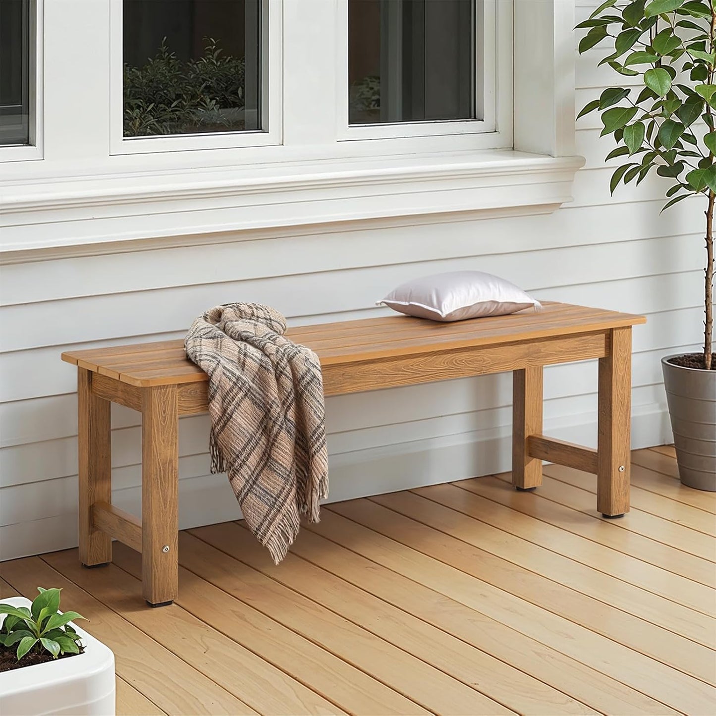 Outdoor Bench, 2-Person Poly Lumber Garden Bench, All-Weather Patio Bench Will not Rot and Fade for Garden, Porch, Backyard and Park, Easy Installation, Teak
