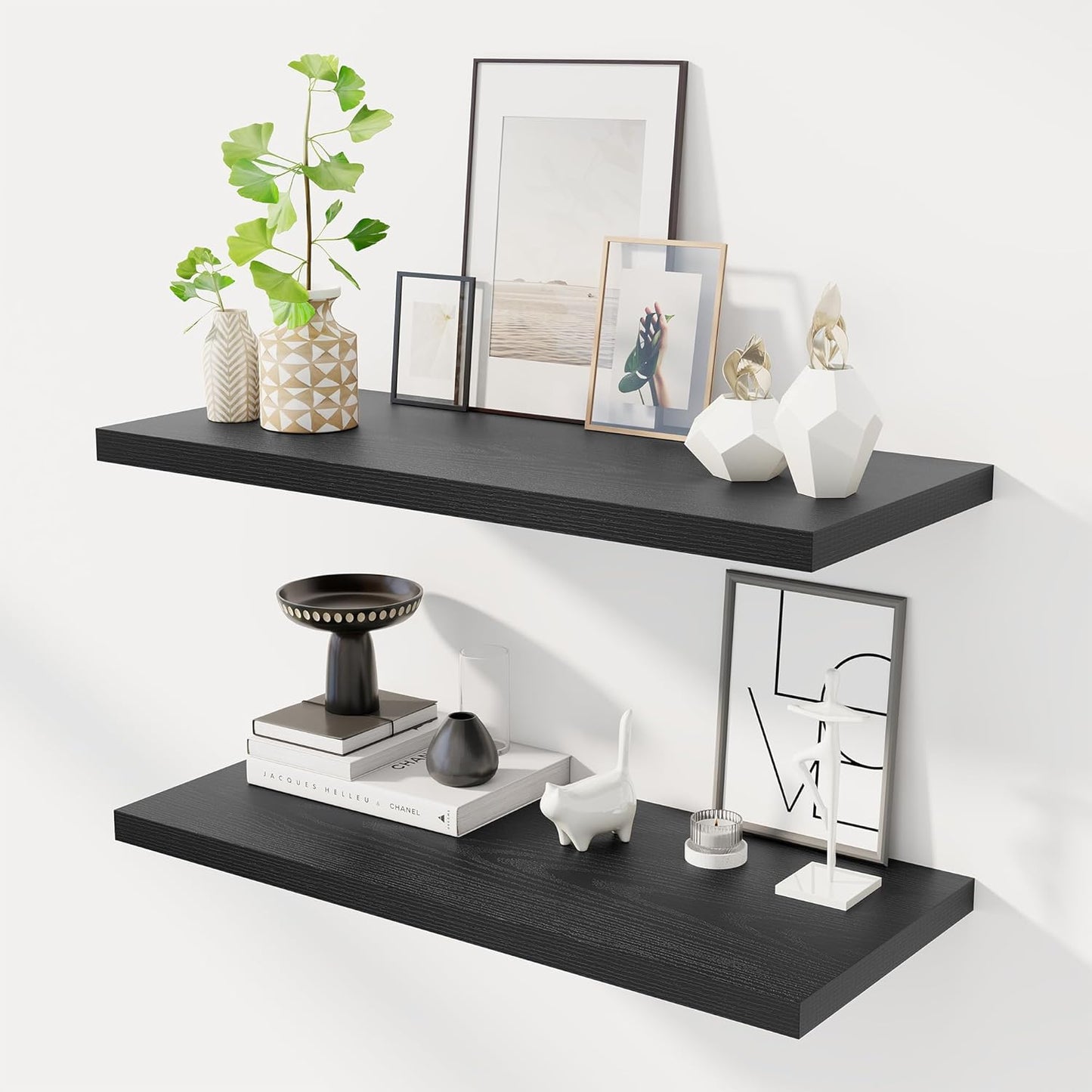 32" Floating Shelves for Wall, 12" Deep Slim Black Floating Shelves, Wall-Mounted Shelves for Bedroom, Living Room, Kitchen, Bathroom - Set of 2