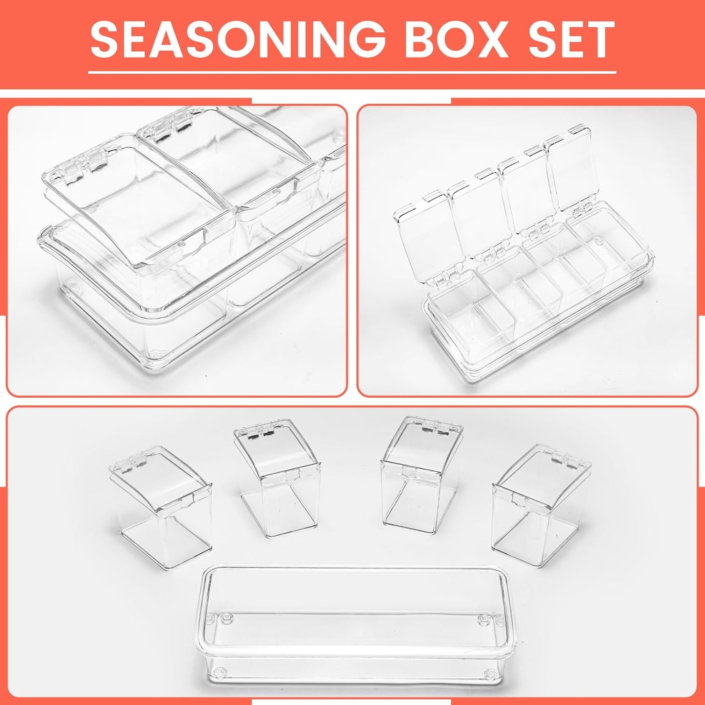 Clear Seasoning Box, 4 Piece Seasoning Rack Spice Pots, Plastic Storage Container Condiment Jars with Lids and Spoon, Storage Container Spice Jar for Salt Sugar Tea Herbal Coffee Beans