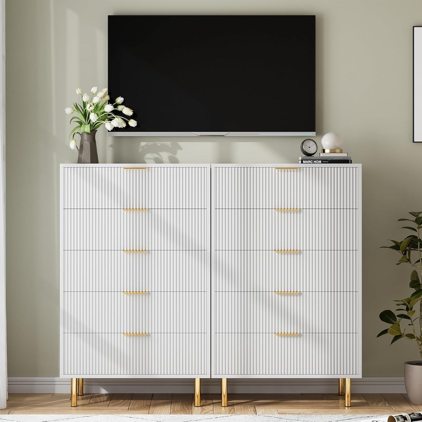 GAOMON 5 Drawer Dresser, Wood Chest of Drawers Organizer Storage with Gold Handle, Tall Storage Cabinet, Modern Design Dresser for Bedroom, Living Room, Closet, Hallway, Entryway, White