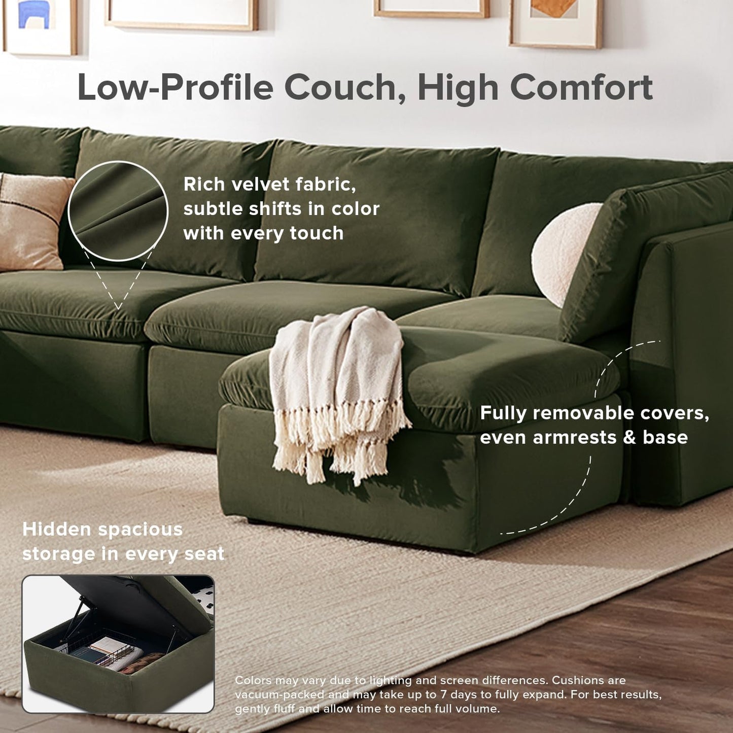 mopio Oversized Modular Sectional Sofa with Fully Removable Covers and Storage, Convertible U, L-Shaped and Sleeper Sectional, Modern Couches with Ottoman Chaise (Olive Green Velvet, 5 Seats, L)