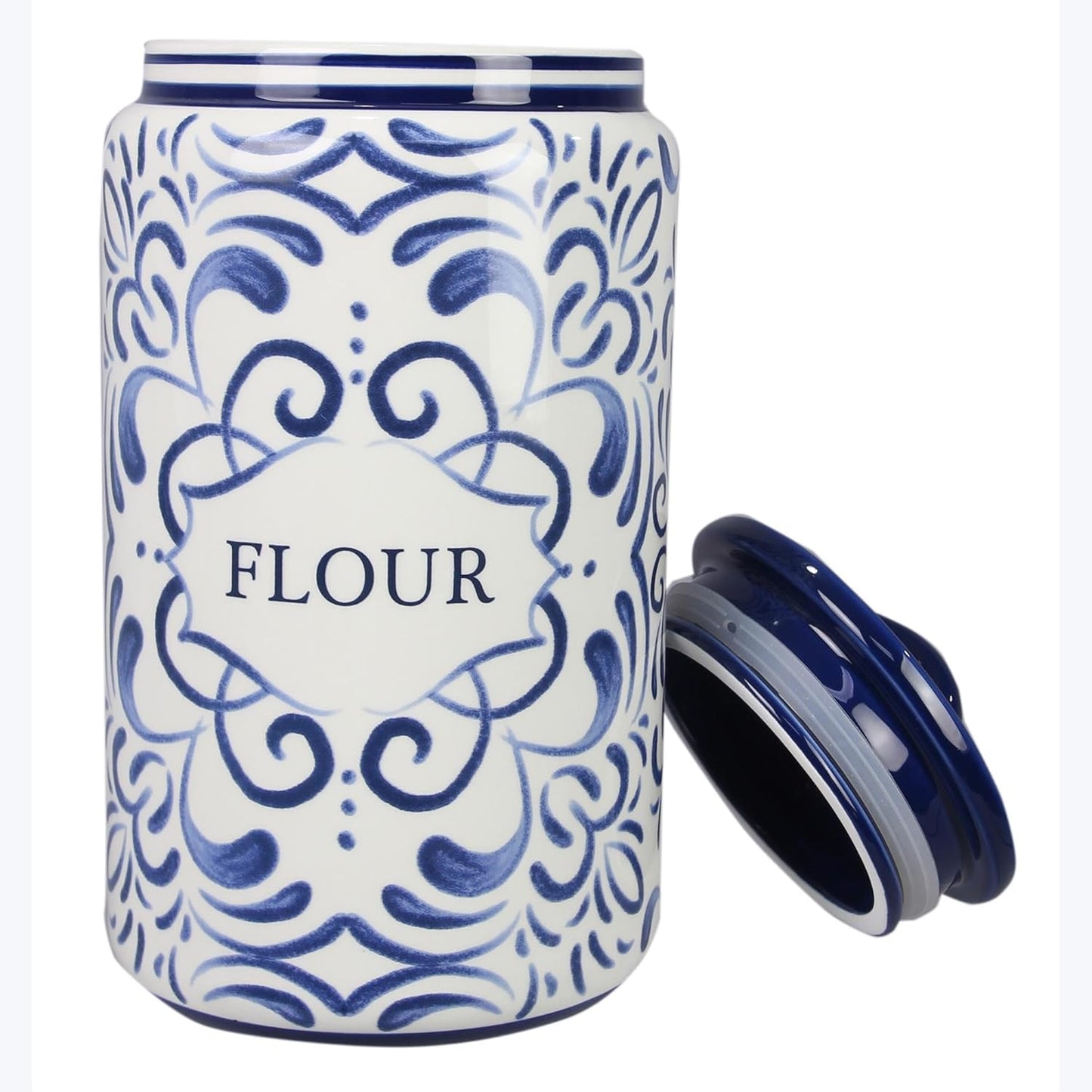 Young's Inc. 4 Pcs Set Talavera Ceramic Canisters- Storage Container for Kitchen and Bathroom - Beautiful Home Decor Accent to Store Food, Coffee, Tea, and More - White, Blue