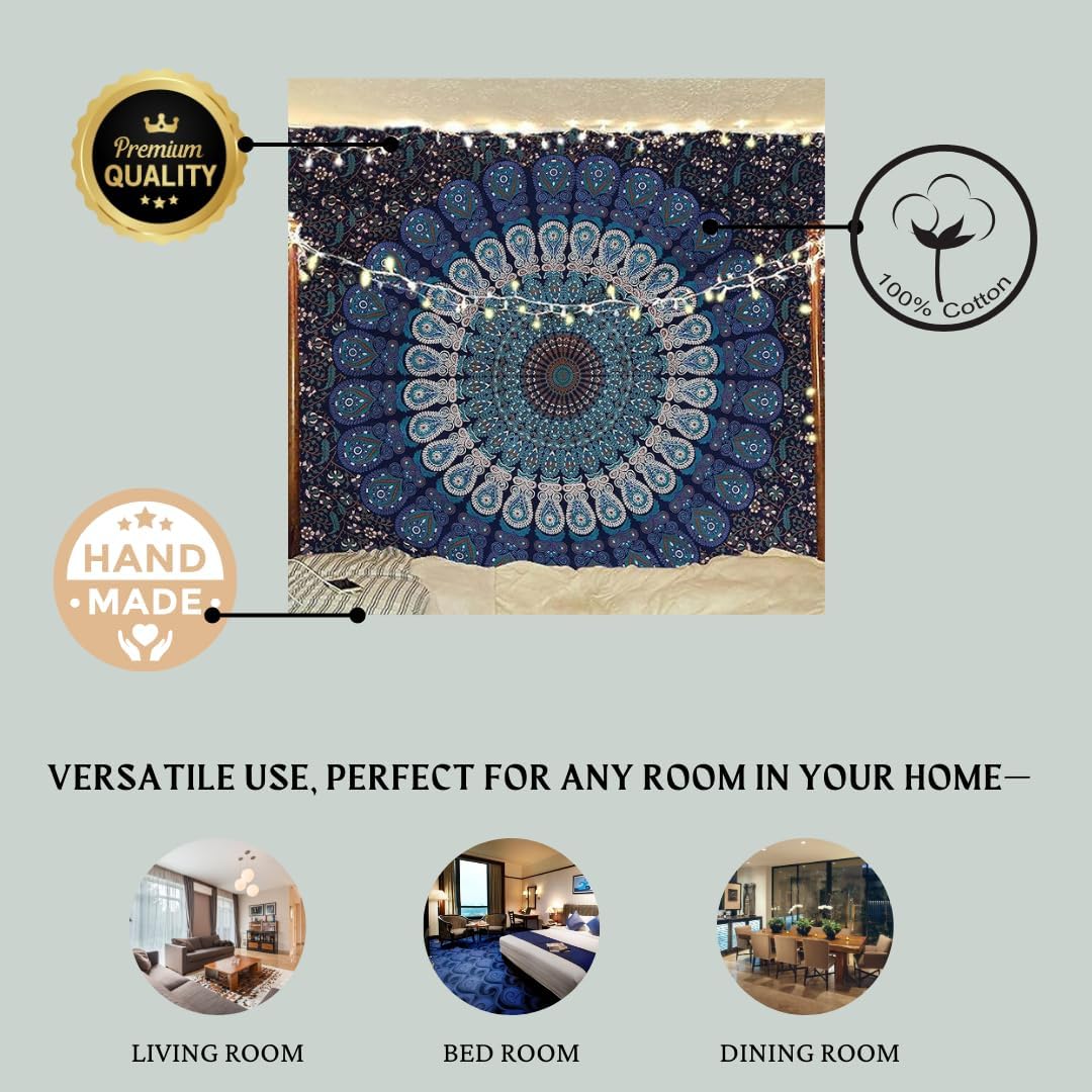 Bless International Handmade Indian hippie Bohemian Psychedelic Peacock Mandala Wall hanging College Dorm Beach Throws Table Cloth Bedding Tapestry (Golden Pink Blue, Twin(54x72Inches)(140x185cms))