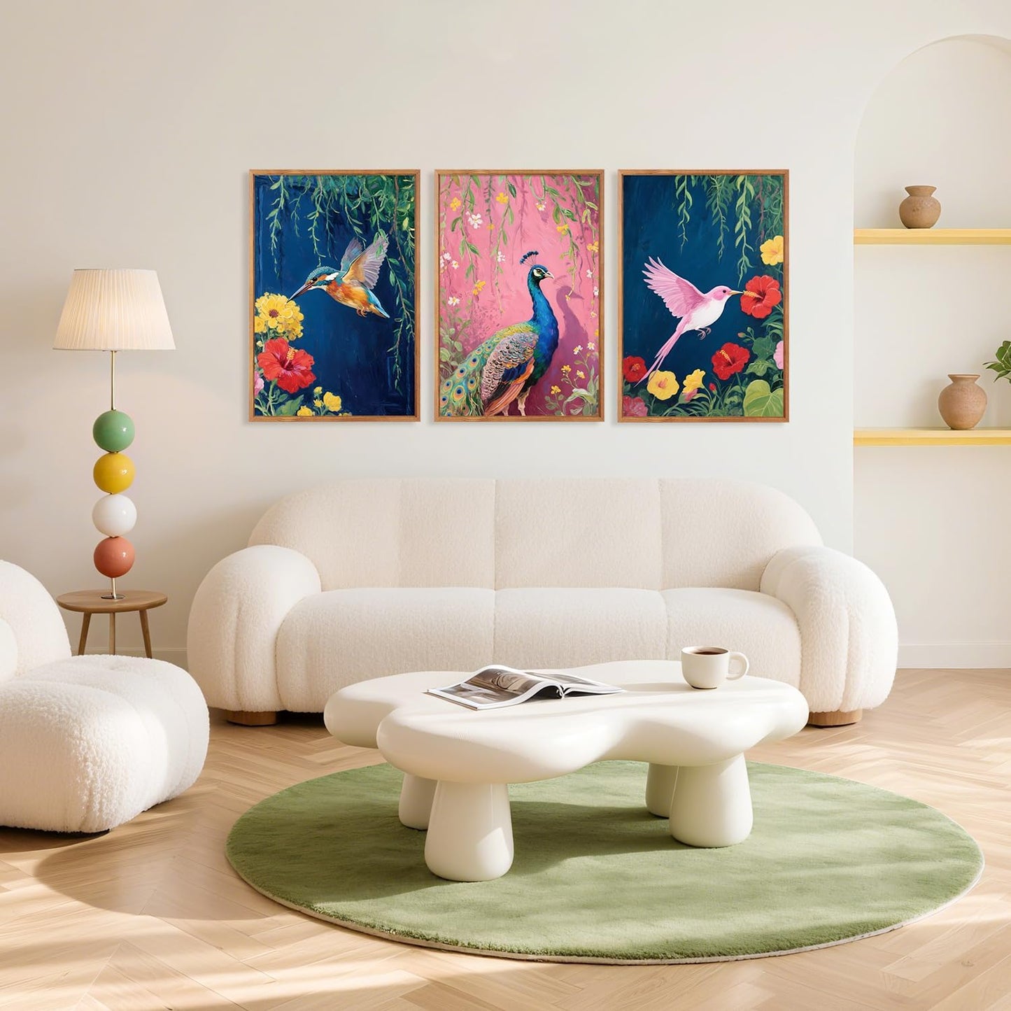 Aurlan Colorful Birds Flowers Framed Wall Art(16"x24"), 3PCS Large Classic Elegance Hummingbird Peacock Canvas Artwork, Vintage Abstract Watercolor Peony Floral Willow Decor for Home Office Bedroom