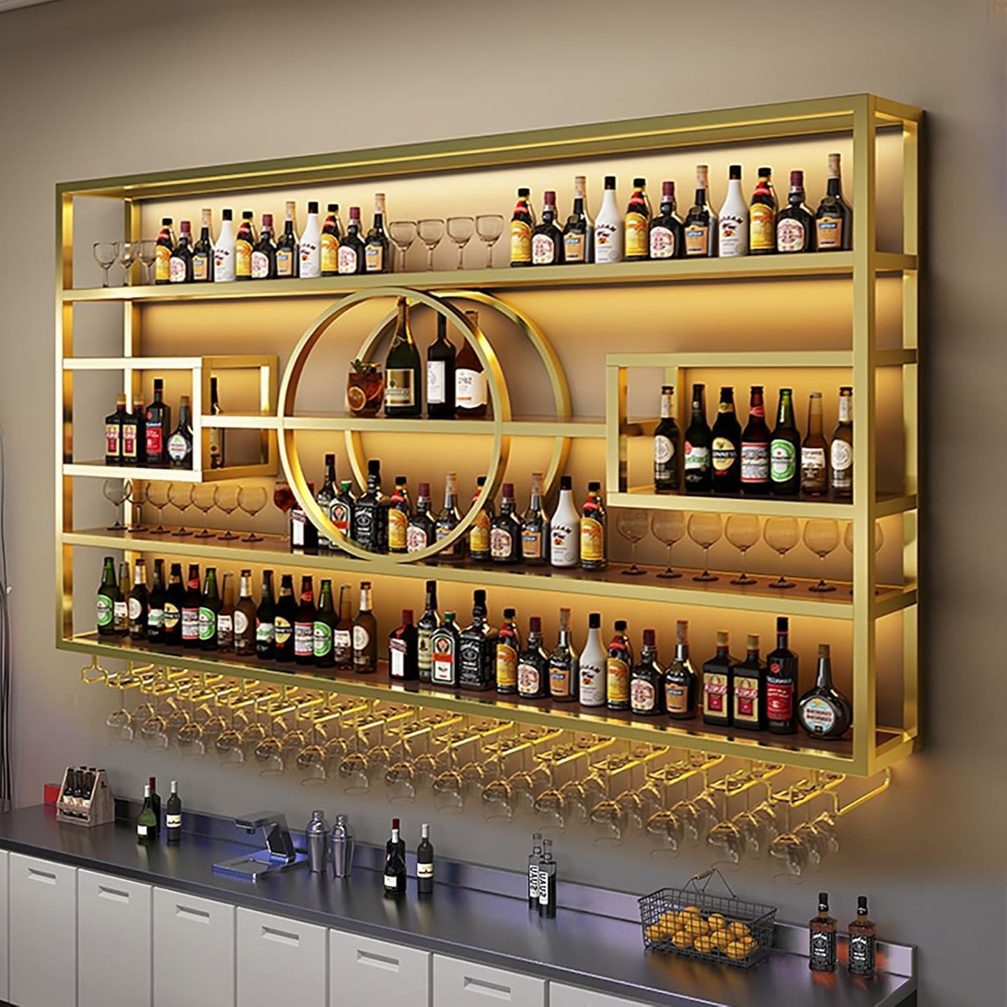 55.1in Wall Mounted Wine Rack, Modern Metal Wine Bottle and Glass Holder, Iron Display Stand Decorative Wine Rack, for Bar Living Room Dining Room Background (Gold, 55.1 * 8 * 51INCHES)