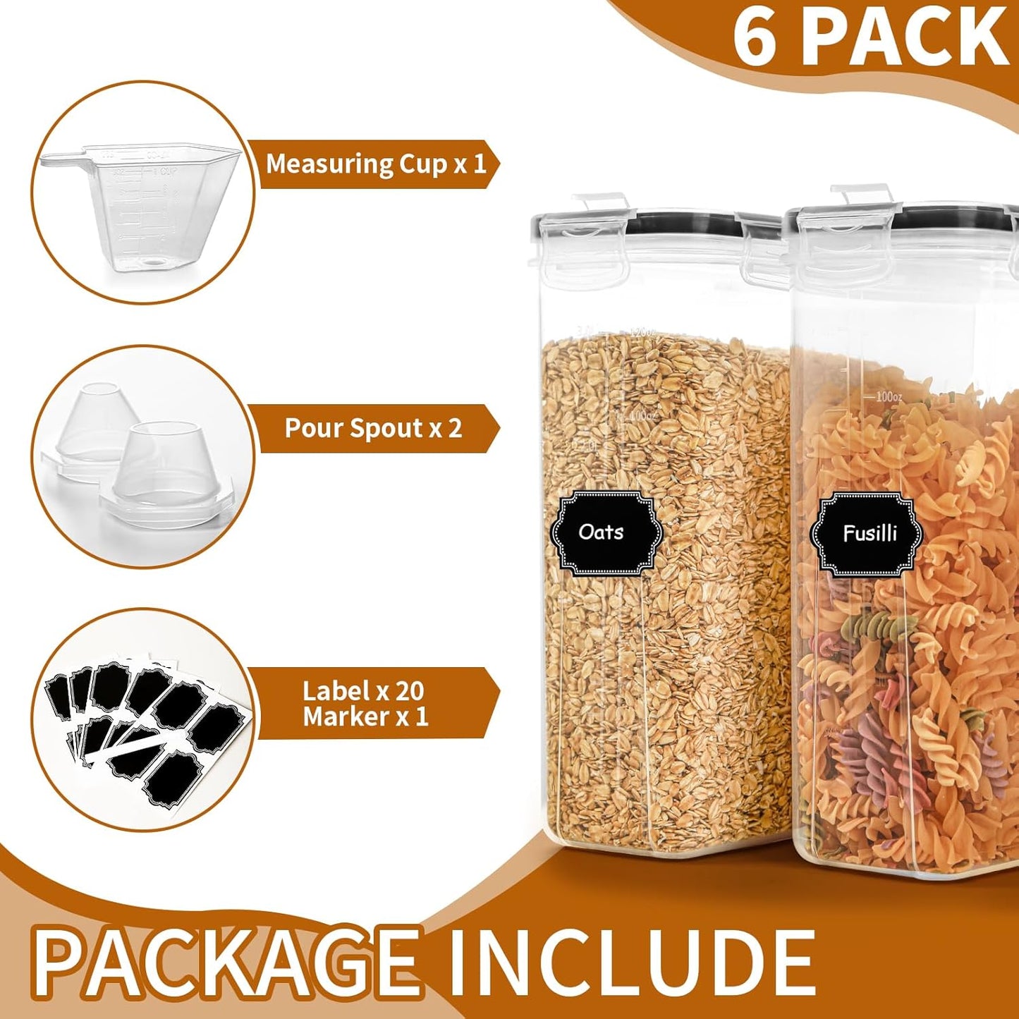 Cereal Containers Storage Set (4L / 135.2oz), 6PCS Airtight Food Storage Containers with Lids, Cereal Dispensers for kitchen Pantry Organizers and Storage with Pour Spout, 20 Labels, Marker