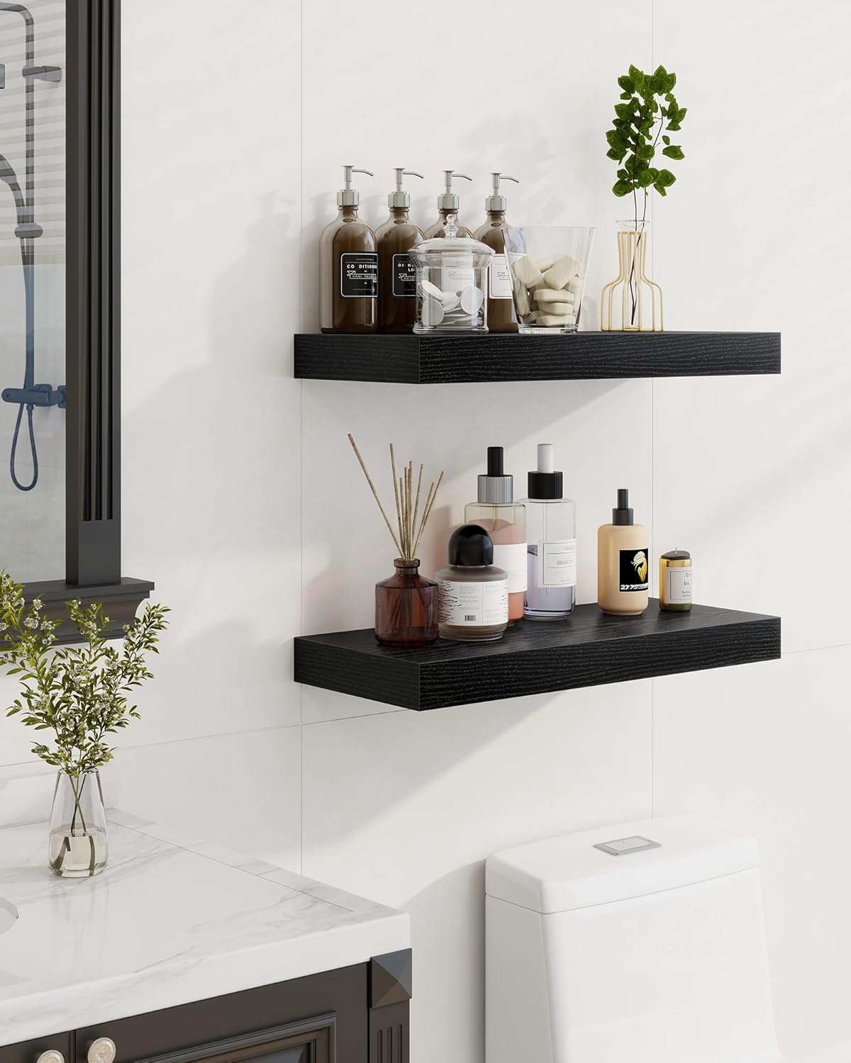 Marsmiles 72" Floating Shelves for Wall, Wooden Shelves with Invisible Brackets Set of 2, Rustic Farmhouse Wall Mounted Shelf for Kitchen Bathroom Living Room Study, Black