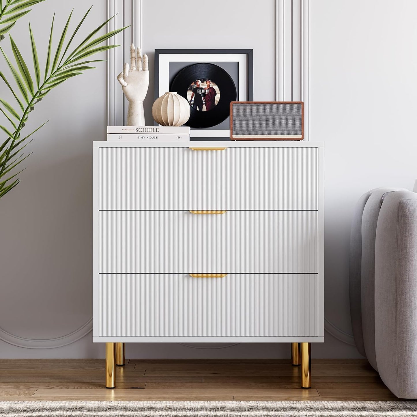 GAOMON 3 Drawer Dresser, Wood Chest of Drawers Organizer Storage with Gold Handle, Small Storage Cabinet, Modern Design Dresser for Bedroom, Living Room, Closet, Hallway, Entryway, White