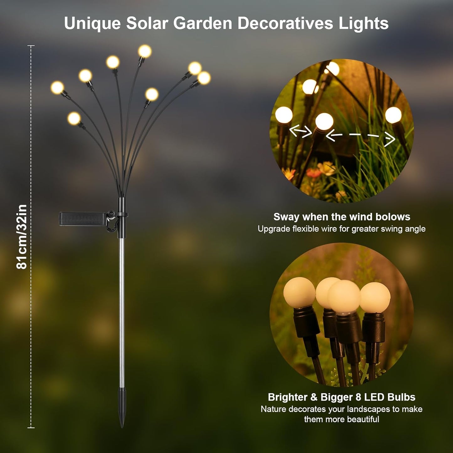 ASMAD Solar Garden Lights (2-Pack, 16 LEDs), Decorative Swaying Lights with Firefly Effect for Patio, Pathway & Outdoor Decor