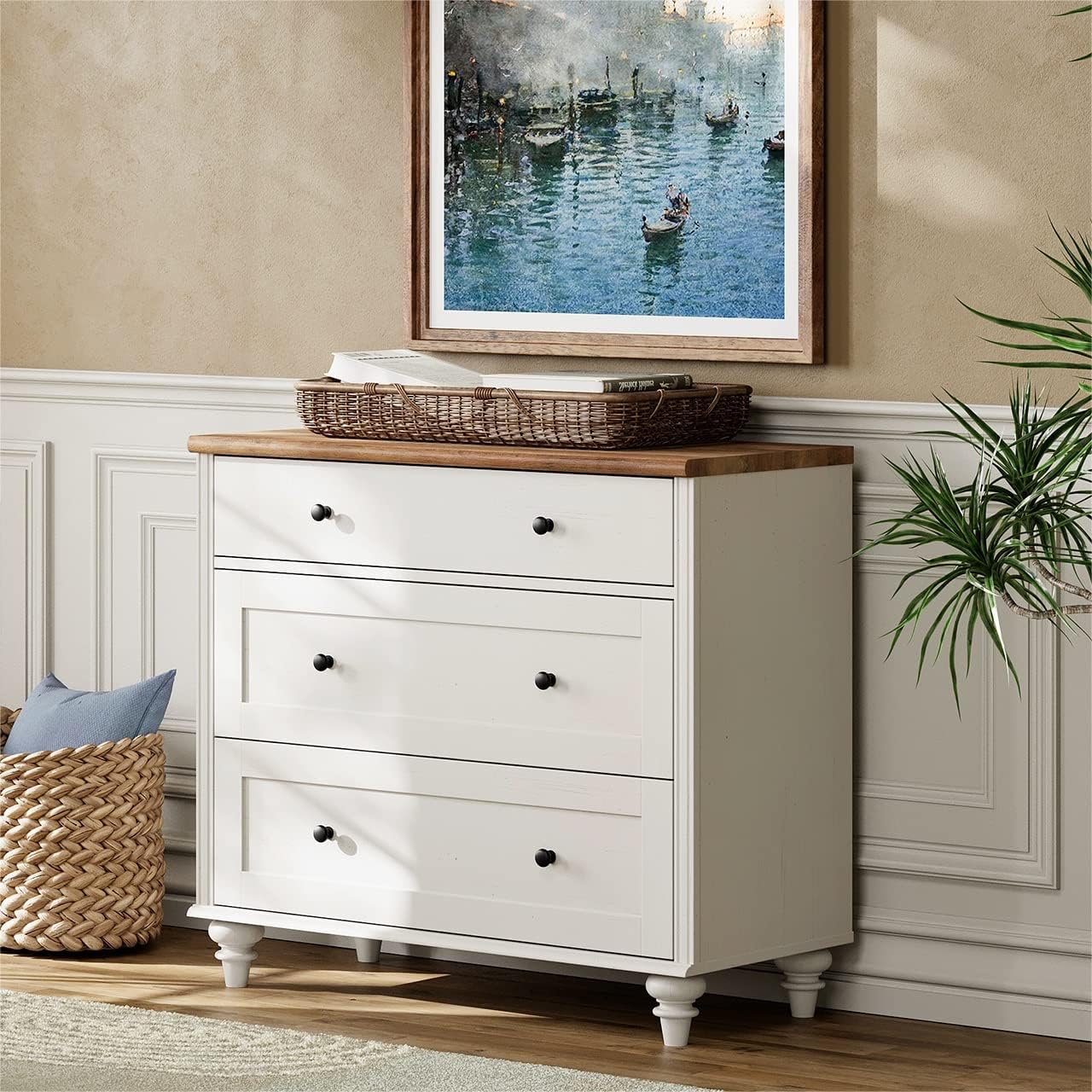 WAMPAT Dresser for Bedroom with 3 Drawers, Kids Dressers with Wide Chest of Drawers, Mid Century Modern Wooden Closet Storage Organizer for Living Room, Nursery, Hallway, White