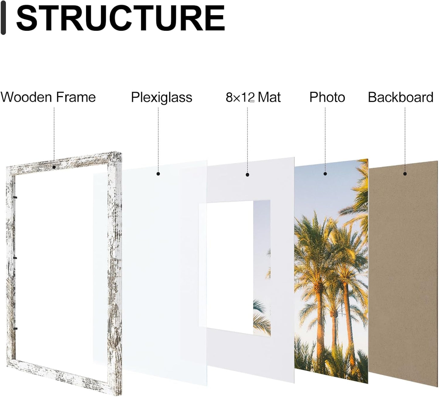 Vittanly 11x17 Picture Frames Set of 9, Shatter Resistant Plexiglass, Display 8x12 Pictures with Mat or 11x17 without Mat, Photo Frames for Wall Mount, Engineered Wood, Distressed White