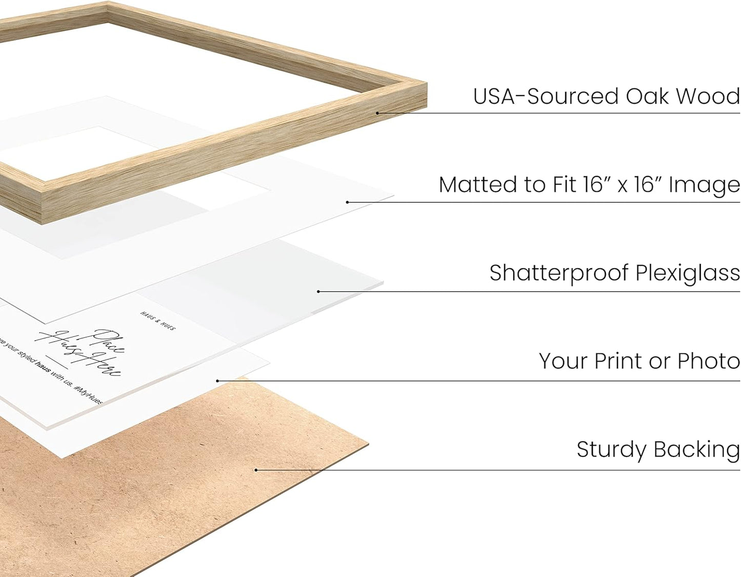 HAUS AND HUES Solid Oak Wood 20”x20” Picture Frames Matted to 16”x16” Set of 4 - Square Frames 20x20, Natural Picture Frames 20x20, Square Frame Wood, 20x20 Frames for Wall Art (Beige Oak Frames)