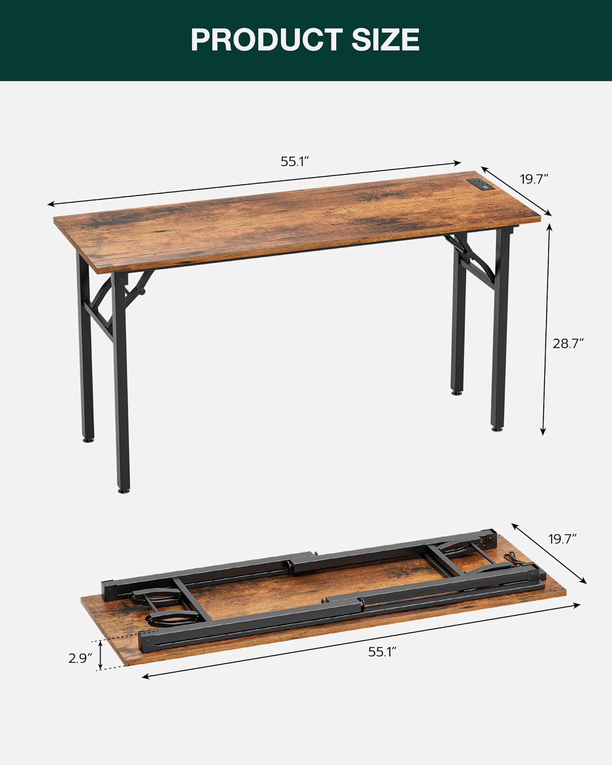 Frylr Small Folding Computer Desk – 55.1 Inch Portable Table for Craft and Study, Lightweight Desk for Small Spaces, Foldable Laptop Table Built-in AC/USB Outlets for Convenience, Rustic Brown