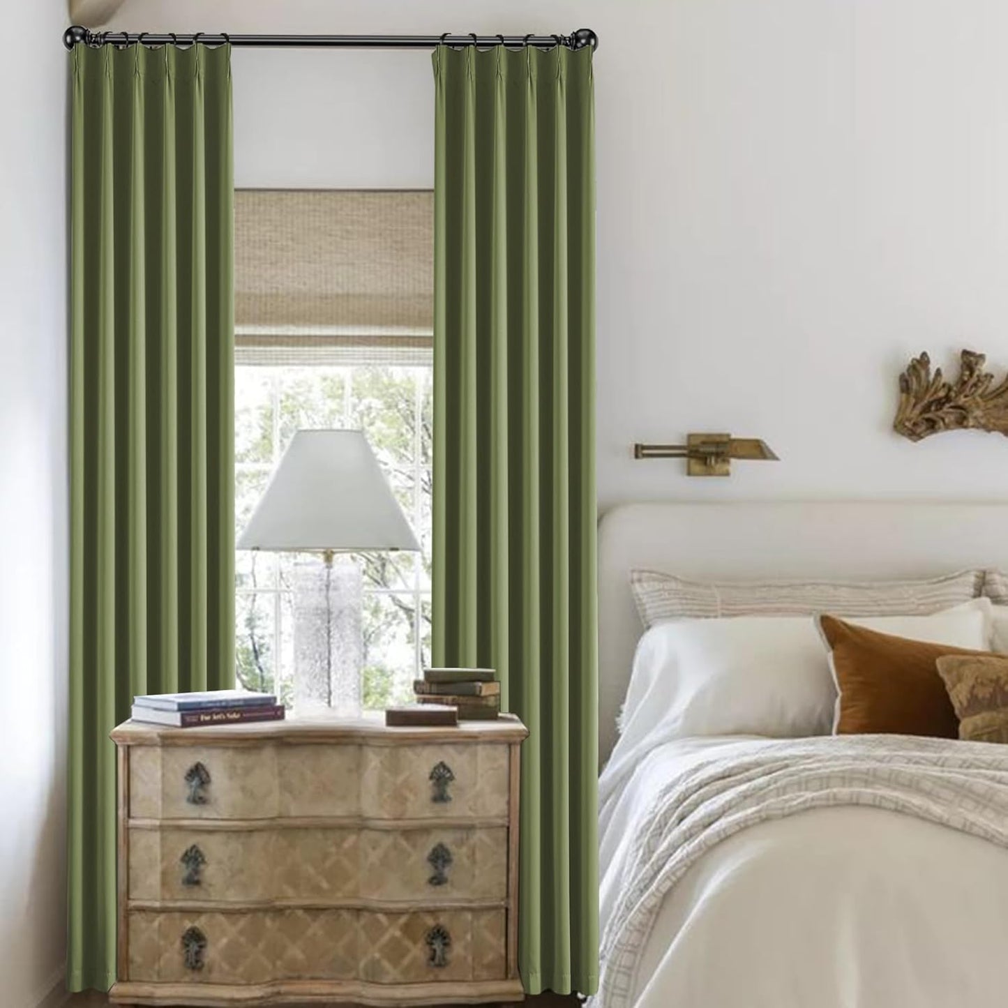 KangBang Sage Green 90 Inch Blackout Pleated Curtains 2 Panels Set-Pinch Pleat Thermal Insulated Black Out Drapes for Bedroom Light Blocking Window Covering Darkening Drapes for Living Room, 40Wx90L
